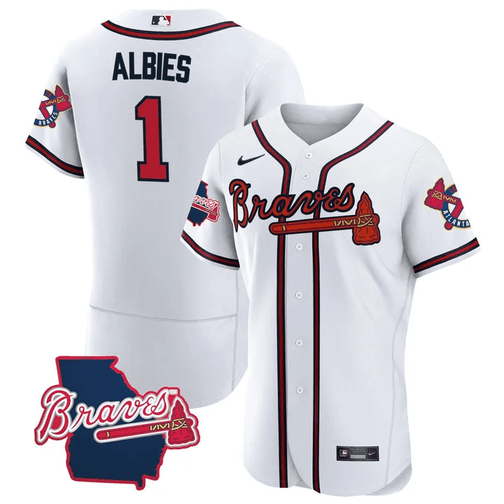 Men's Atlanta Braves Georgia State Patch Jersey - White - All Stitched - Image 5