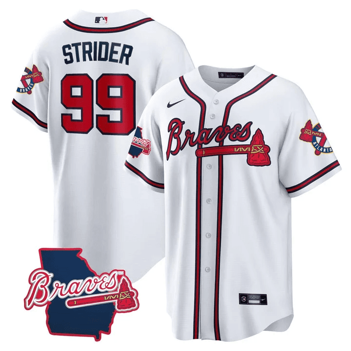 Men's Atlanta Braves Georgia State Patch Jersey - White - All Stitched - Image 10