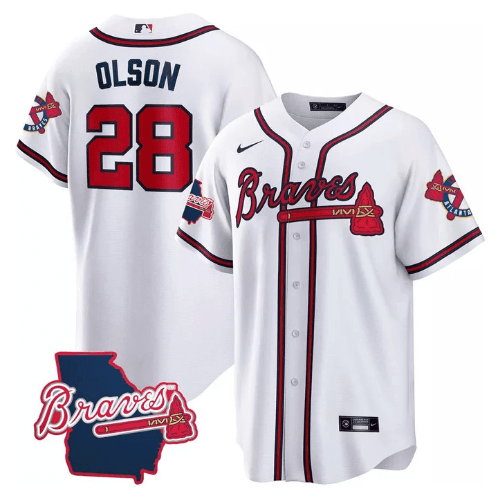 Men's Atlanta Braves Georgia State Patch Jersey - White - All Stitched - Image 8