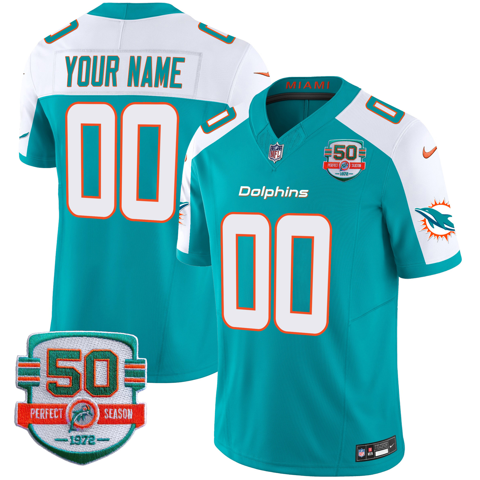 Dolphins 50th 1972 Perfect Season Patch Vapor Custom Jersey - All Stitched - Image 2