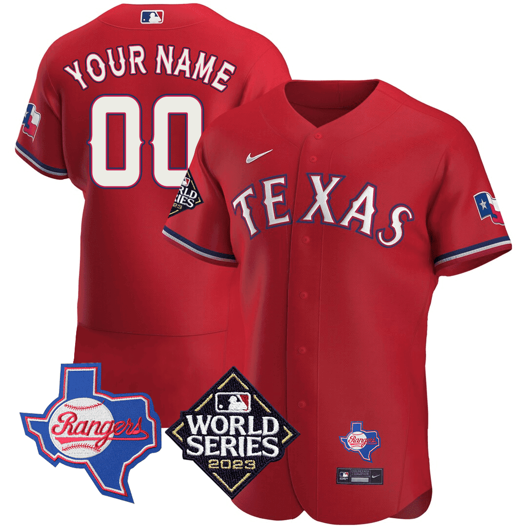 Texas Rangers Texas State & 2023 World Series Patch Custom Jersey - All Stitched - Image 3