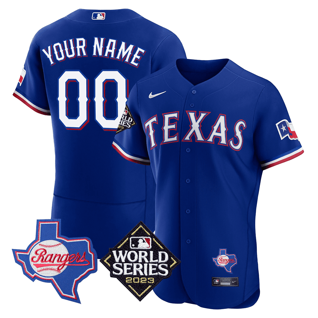Texas Rangers Texas State & 2023 World Series Patch Custom Jersey - All Stitched - Image 5