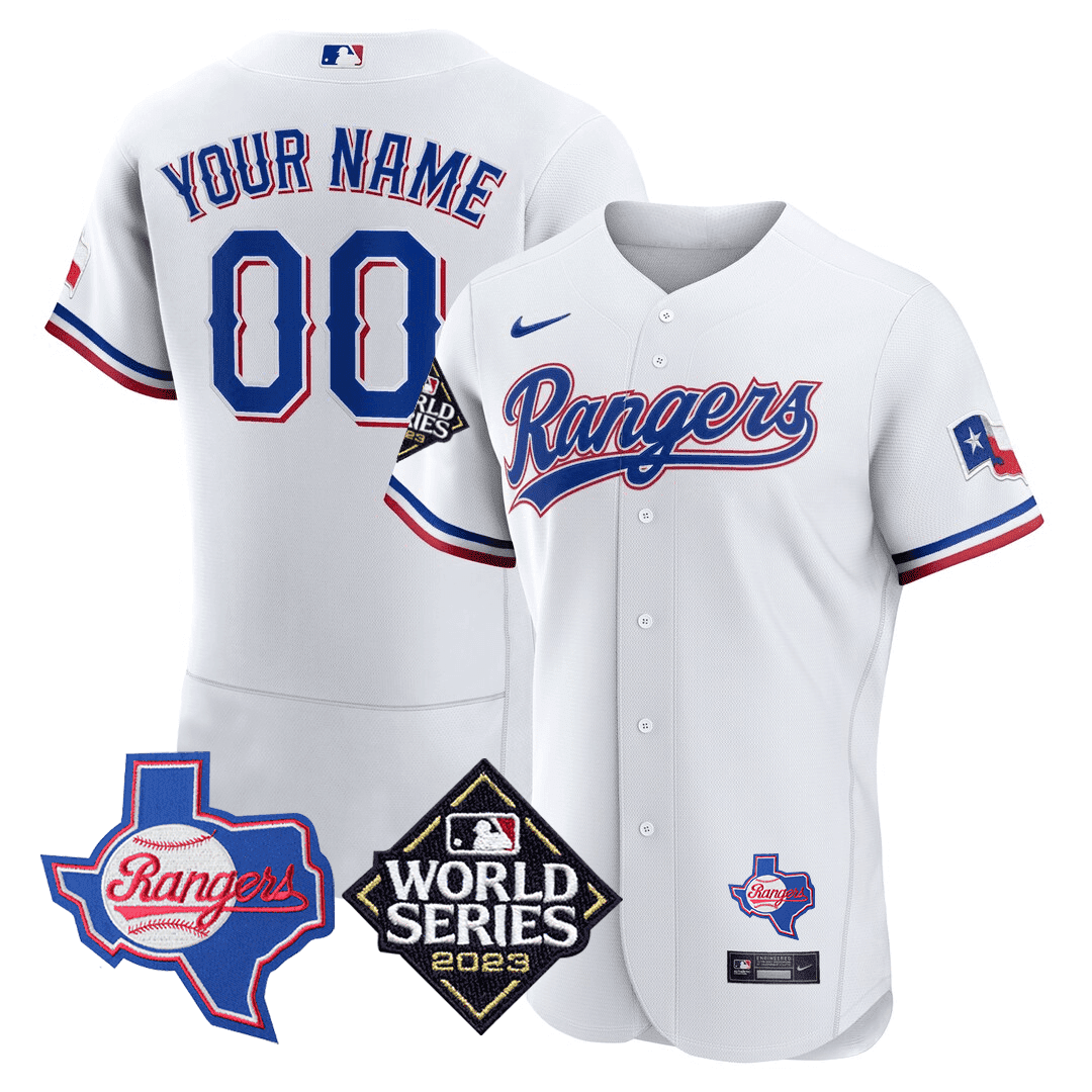 Texas Rangers Texas State & 2023 World Series Patch Custom Jersey - All Stitched
