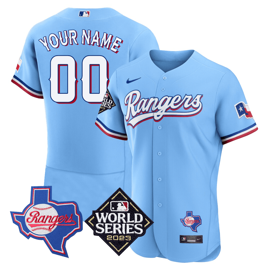 Texas Rangers Texas State & 2023 World Series Patch Custom Jersey - All Stitched - Image 4