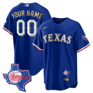 Texas Rangers Gold Trim Cool Base Custom Jersey - Texas Patch - All Stitched