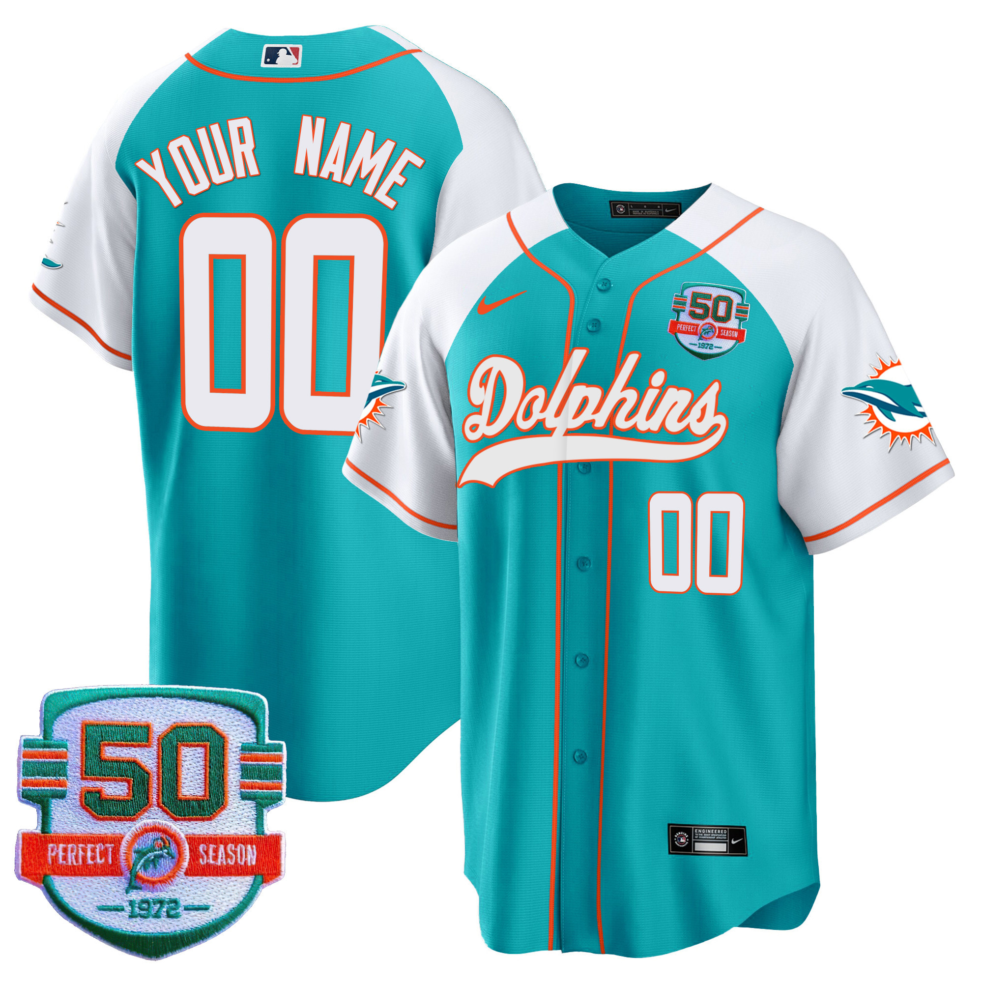 Dolphins 50th 1972 Perfect Season Patch Baseball Custom Jersey - All Stitched - Image 2
