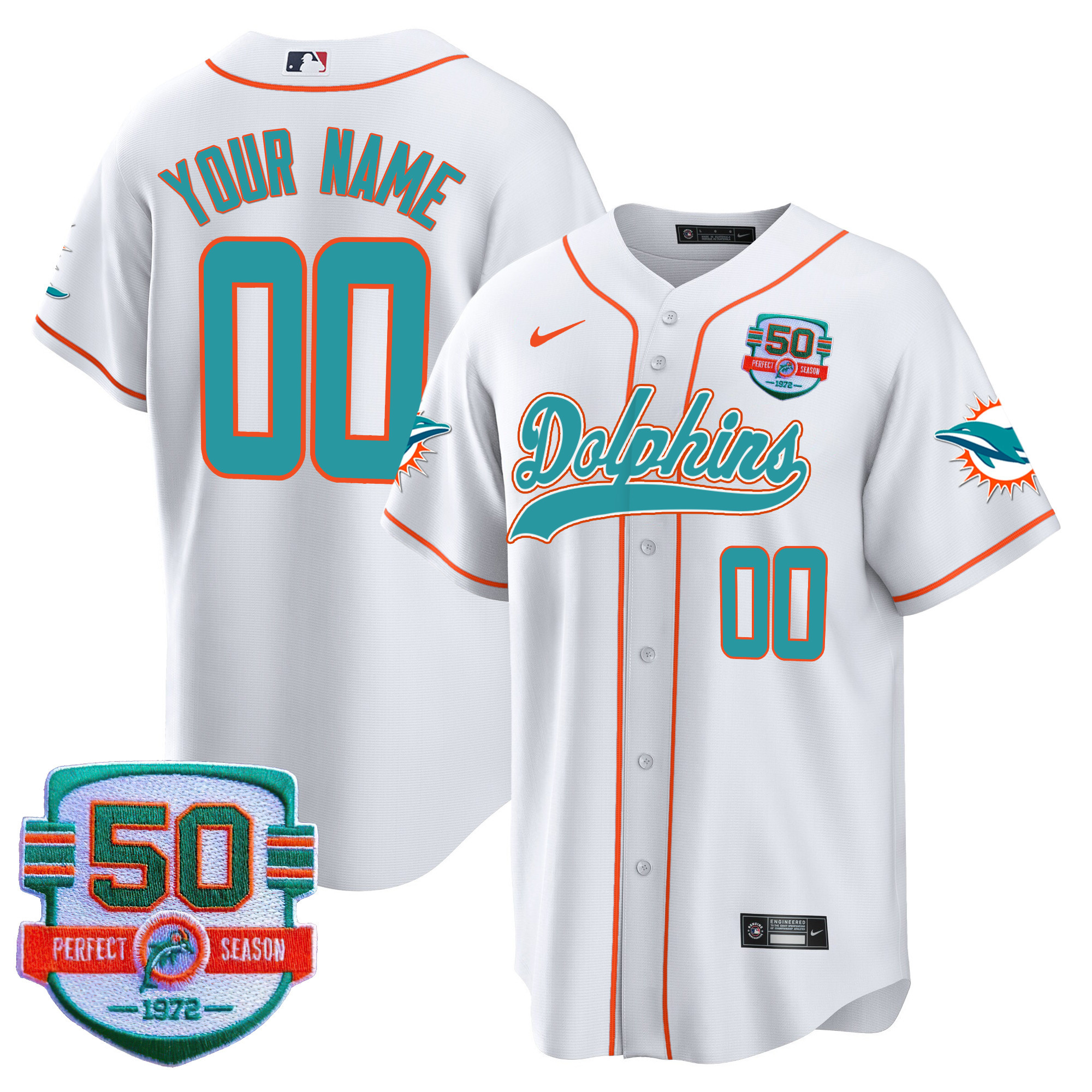 Dolphins 50th 1972 Perfect Season Patch Baseball Custom Jersey - All Stitched - Image 4
