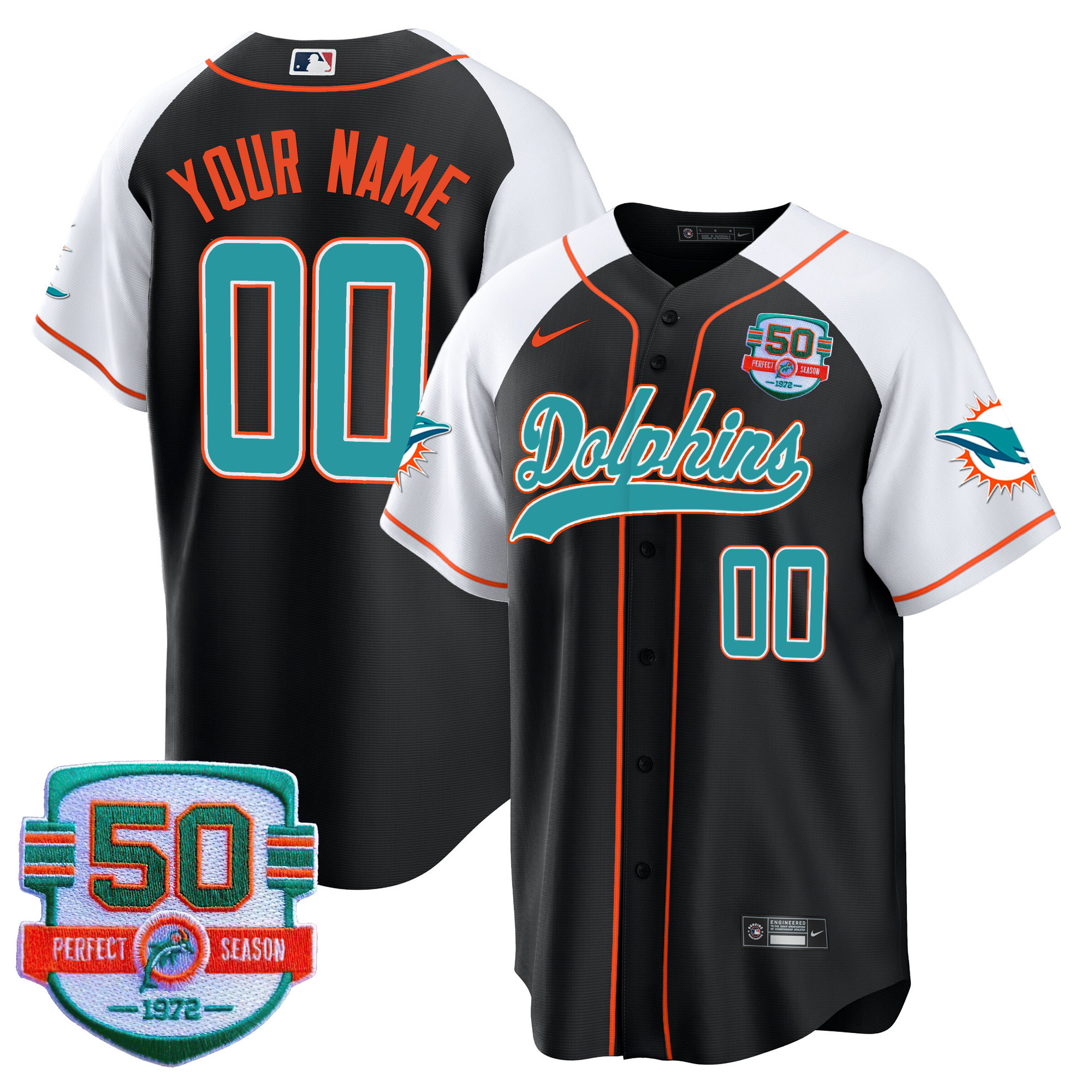 Dolphins 50th 1972 Perfect Season Patch Baseball Custom Jersey - All Stitched