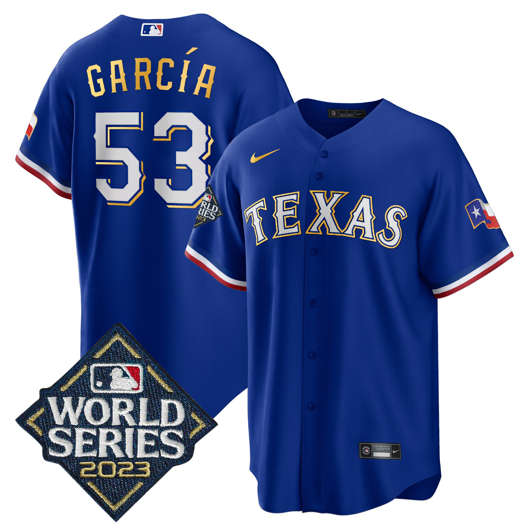 Men's Texas Rangers 2023 World Series Cool Base Gold Trim Jersey - All Stitched - Image 5