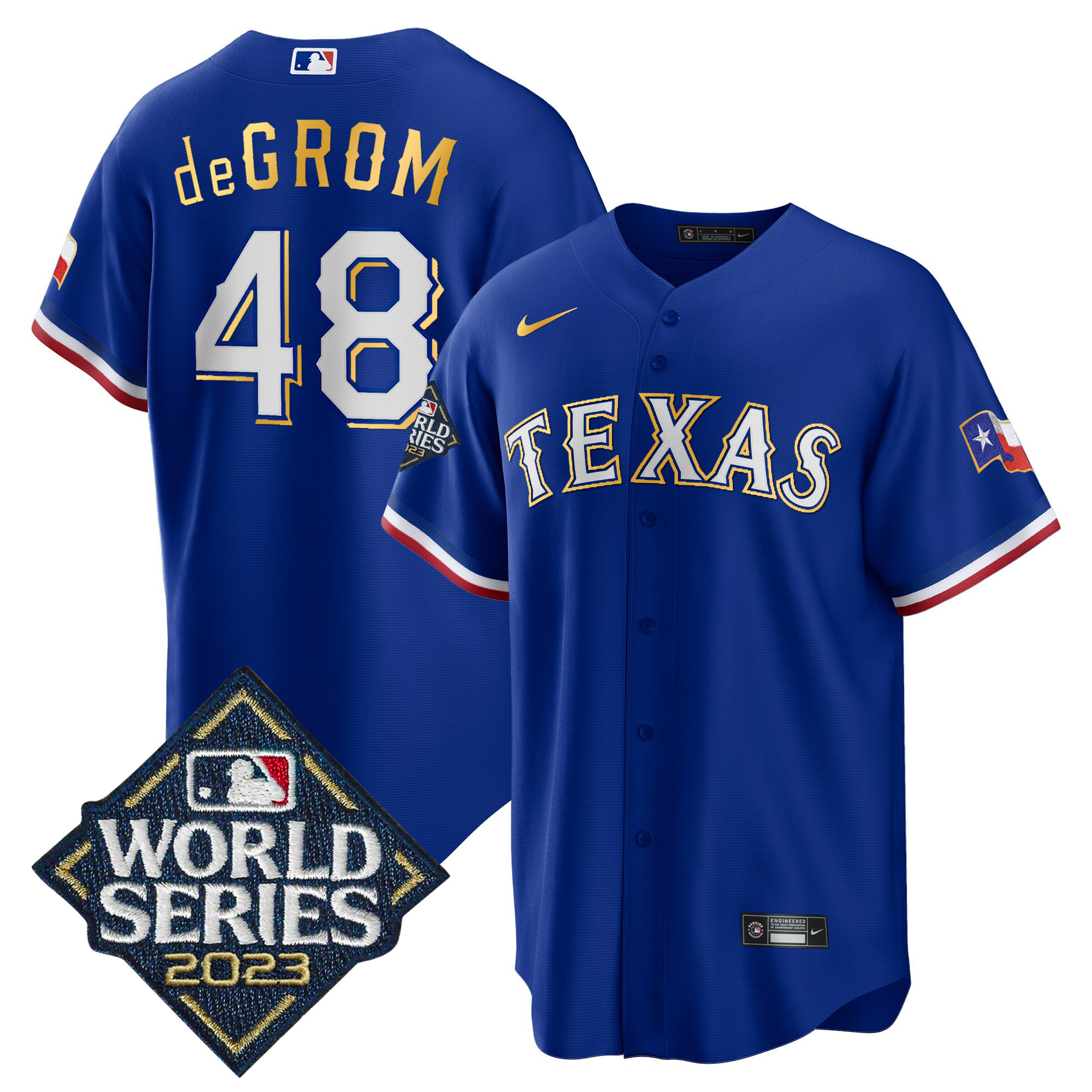 Men's Texas Rangers 2023 World Series Cool Base Gold Trim Jersey - All Stitched - Image 3
