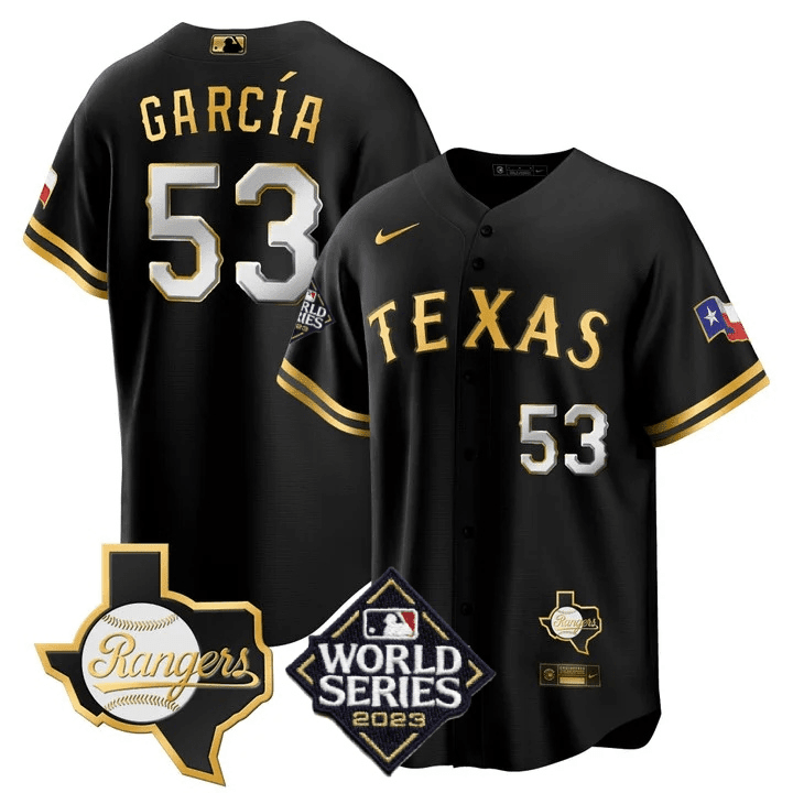 Men’s Texas Rangers 2023 World Series & Texas State Patch Cool Base Gold Jersey V2 – All Stitched - Image 2