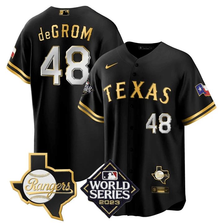 Men’s Texas Rangers 2023 World Series & Texas State Patch Cool Base Gold Jersey V2 – All Stitched - Image 3