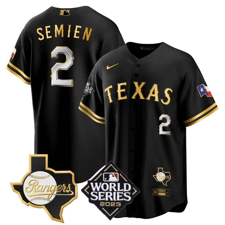 Men’s Texas Rangers 2023 World Series & Texas State Patch Cool Base Gold Jersey V2 – All Stitched - Image 4