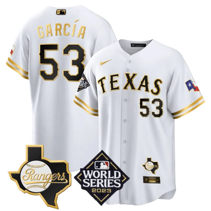 Men’s Texas Rangers 2023 World Series & Texas State Patch Cool Base Gold Jersey V2 – All Stitched - Image 7