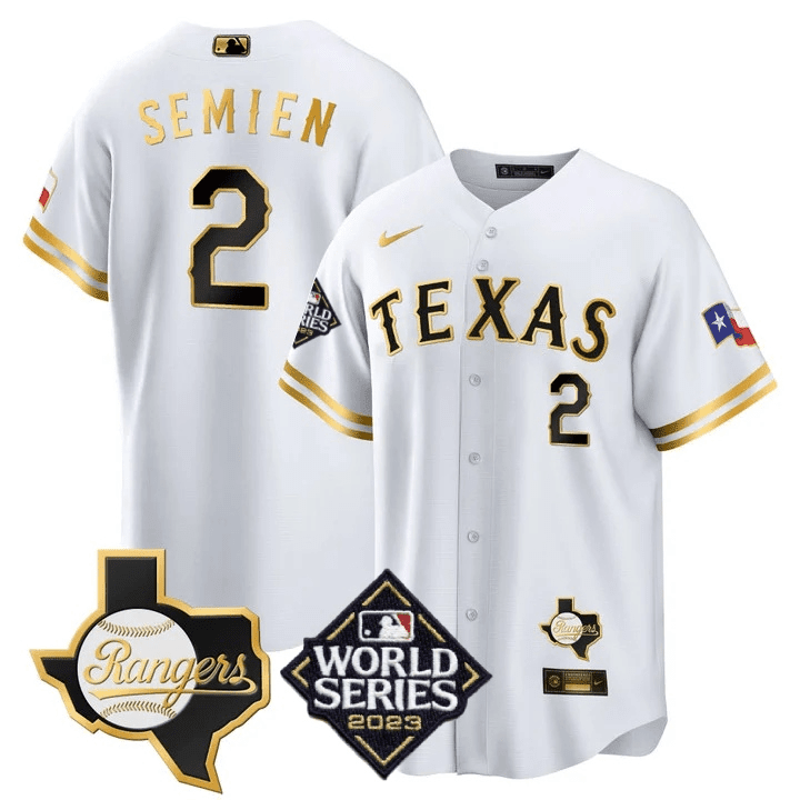 Men’s Texas Rangers 2023 World Series & Texas State Patch Cool Base Gold Jersey V2 – All Stitched - Image 9