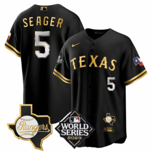 Men’s Texas Rangers 2023 World Series & Texas State Patch Cool Base Gold Jersey V2 – All Stitched