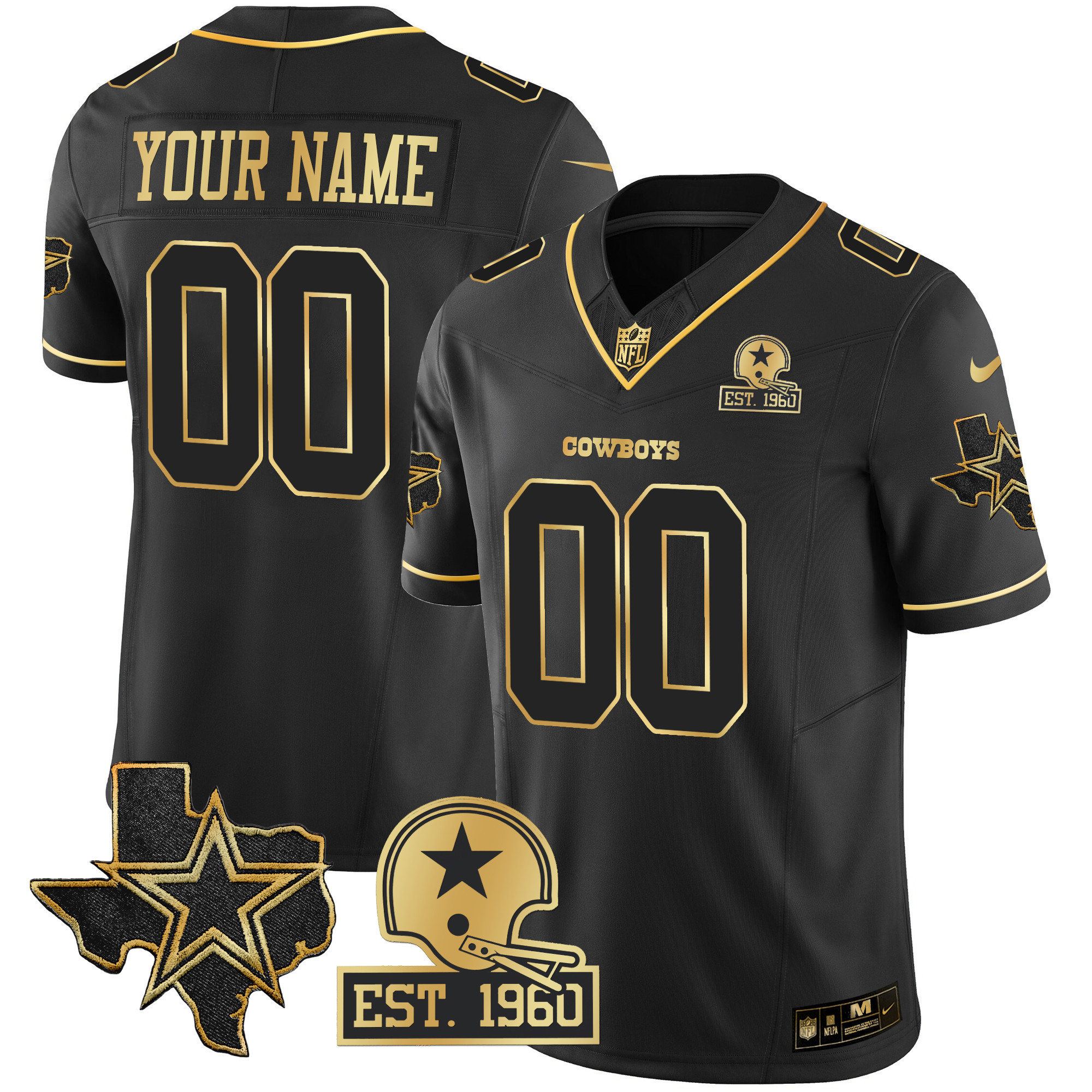 Cowboys Texas Patch Gold Vapor Custom Jersey - All Stitched - Image 2