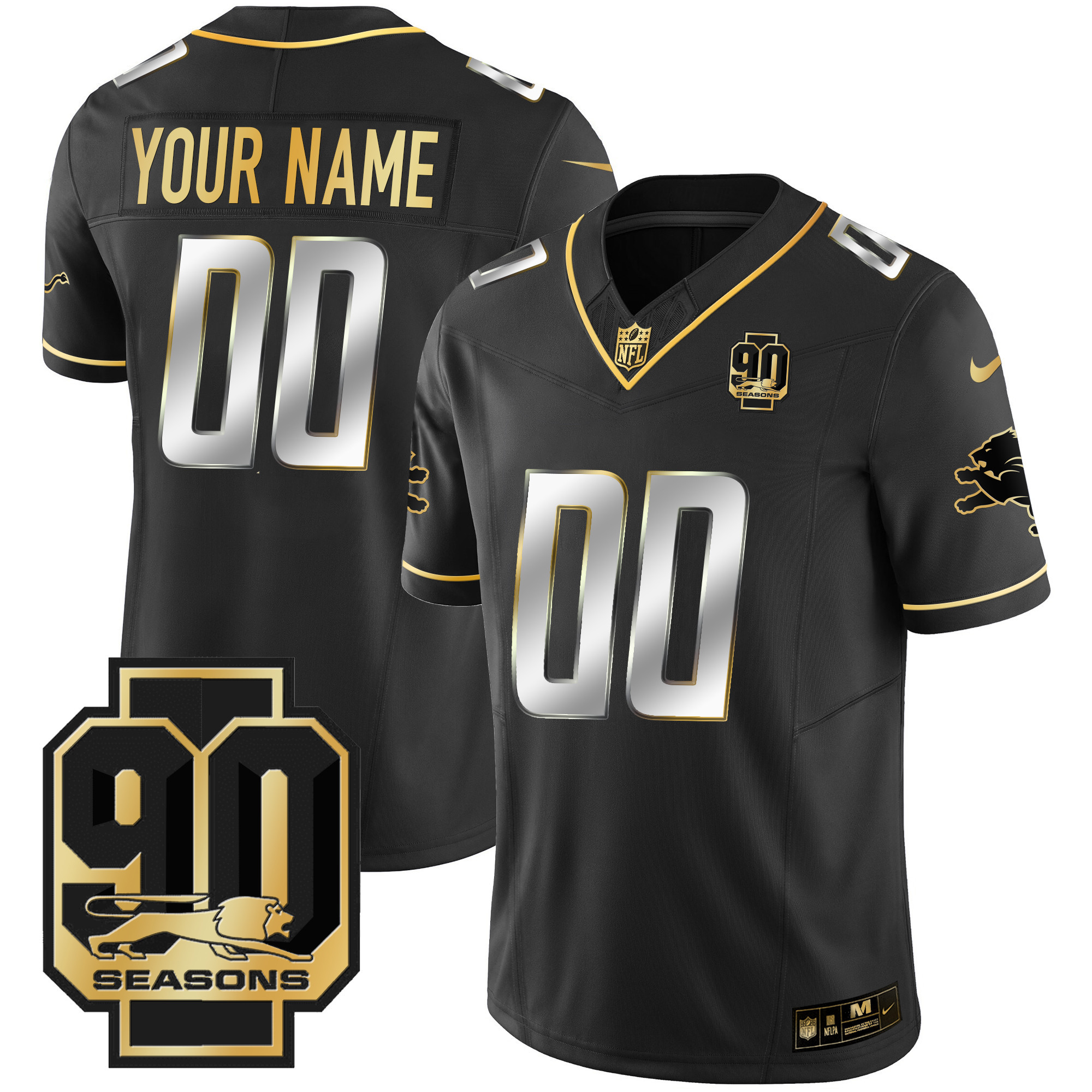 Detroit Lions 90th Year Patch Gold Custom Jersey - All Stitched - Image 2