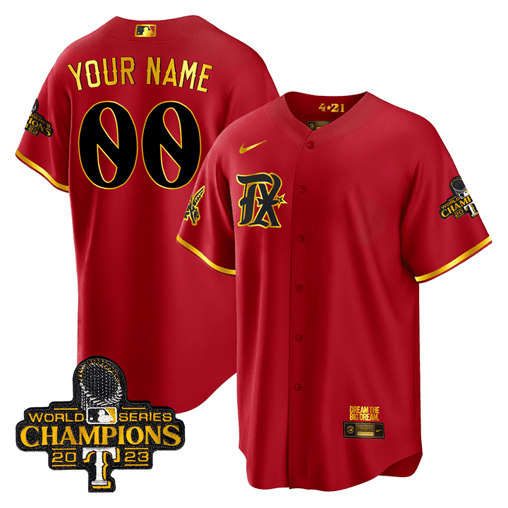 Texas Rangers 2023 World Series Champions City Connect Cool Gold Custom Jersey V2- All Stitched - Image 2