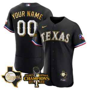 Texas Rangers 2023 World Series Champions Rangers Patch Flex Base Gold Trim Custom Jersey - All Stitched