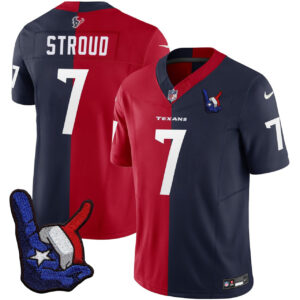 C.J. Stroud Houston Texans Split Red Navy Hand Sign Patch Jersey - All Stitched