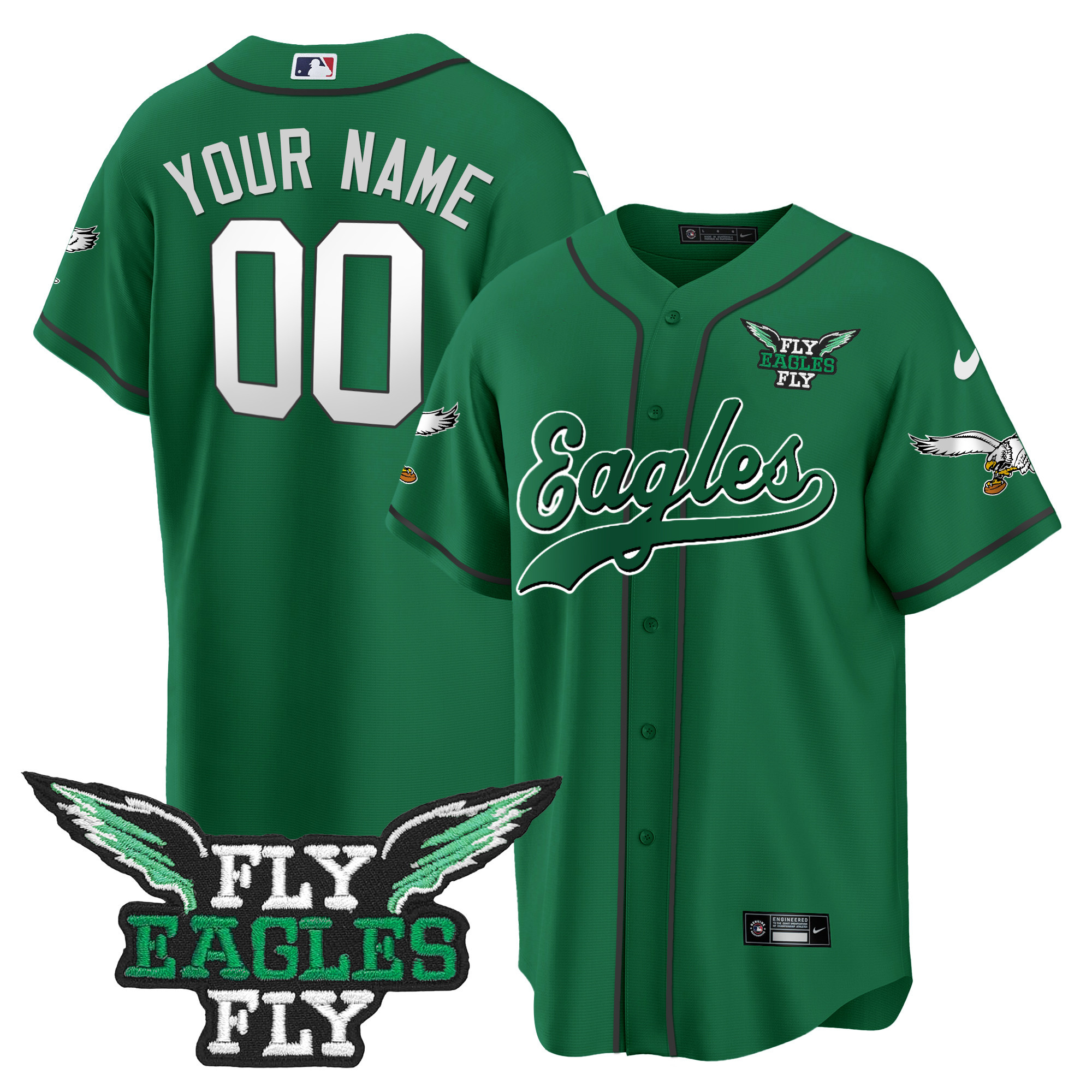 Fly Eagles Fly Patch Throwback Kelly Green Baseball Custom Jersey - All Stitched - Image 4