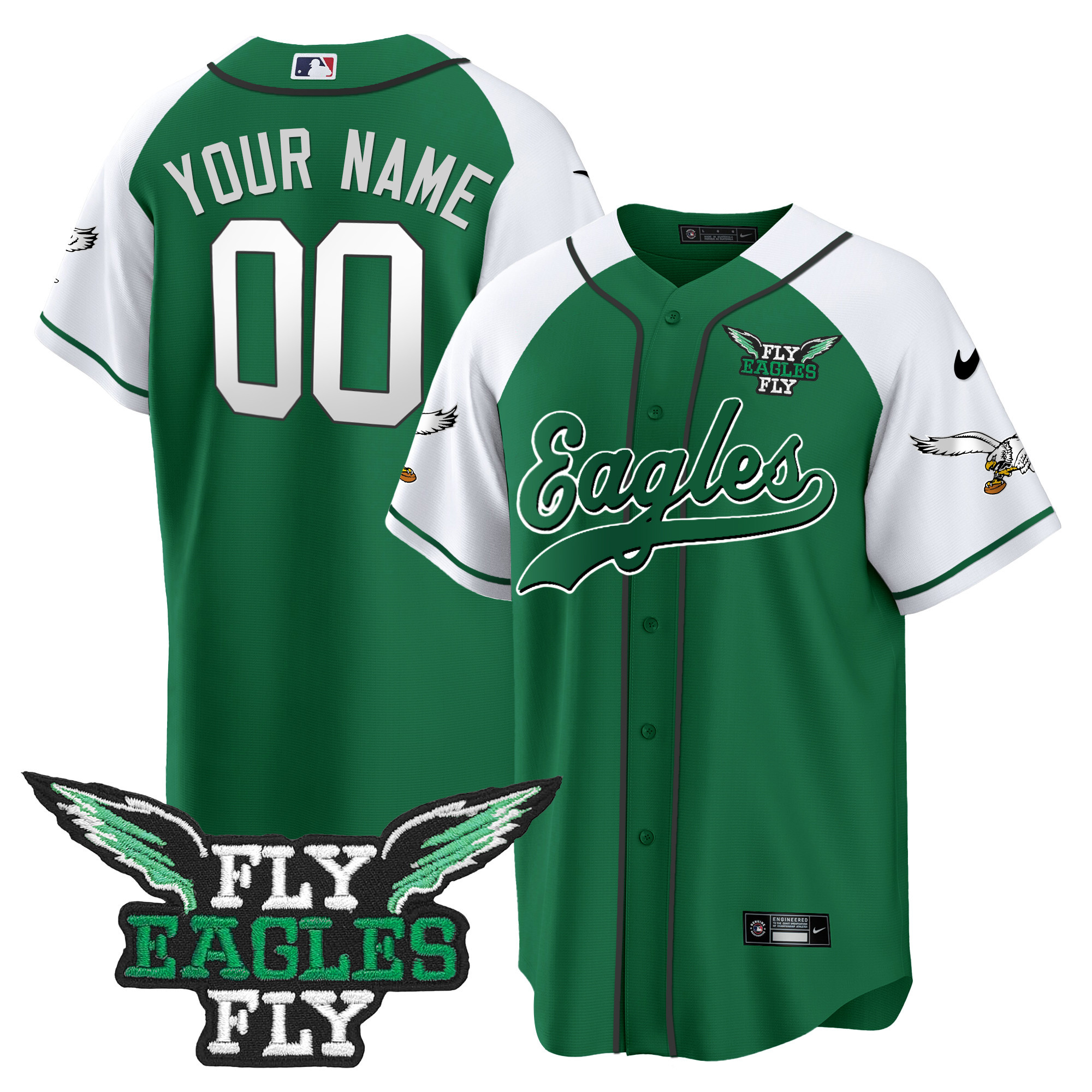 Fly Eagles Fly Patch Throwback Kelly Green Baseball Custom Jersey - All Stitched - Image 2