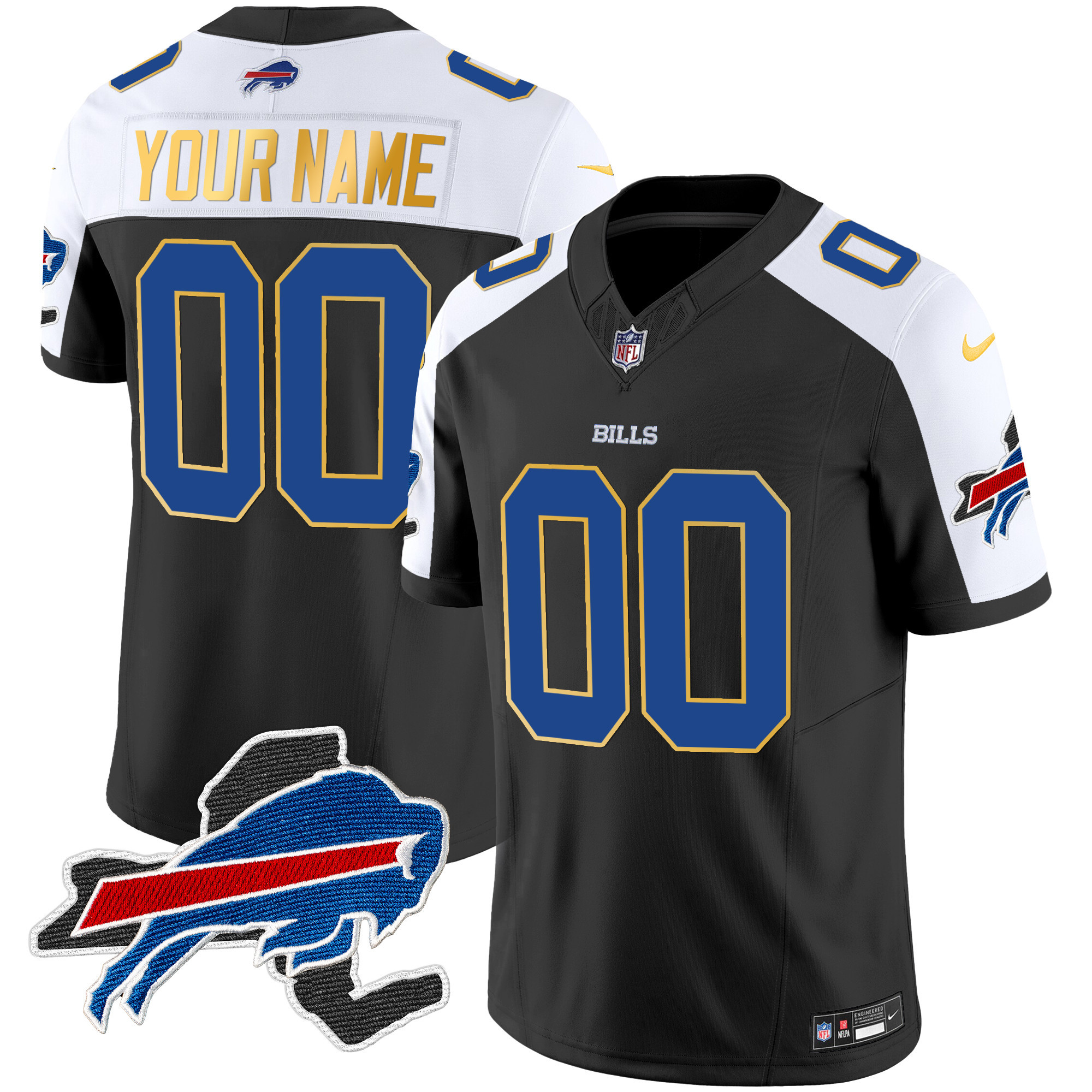 Bills New York Patch Gold Trim Vapor Custom Jersey - All Stitched