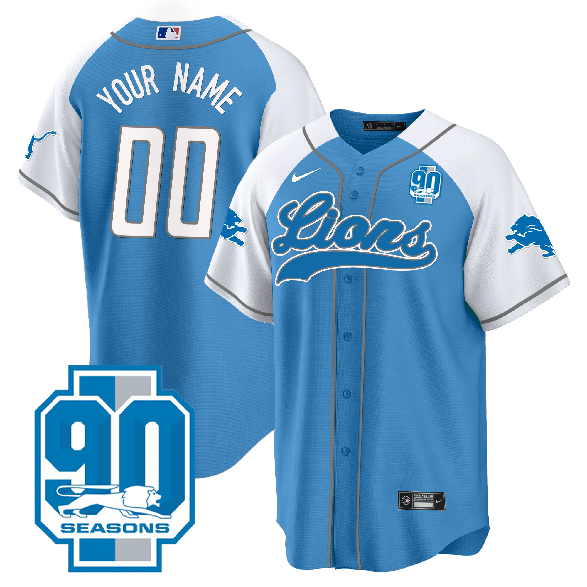 Detroit Lions 90th Year Patch Baseball Custom Jersey - All Stitched - Image 2
