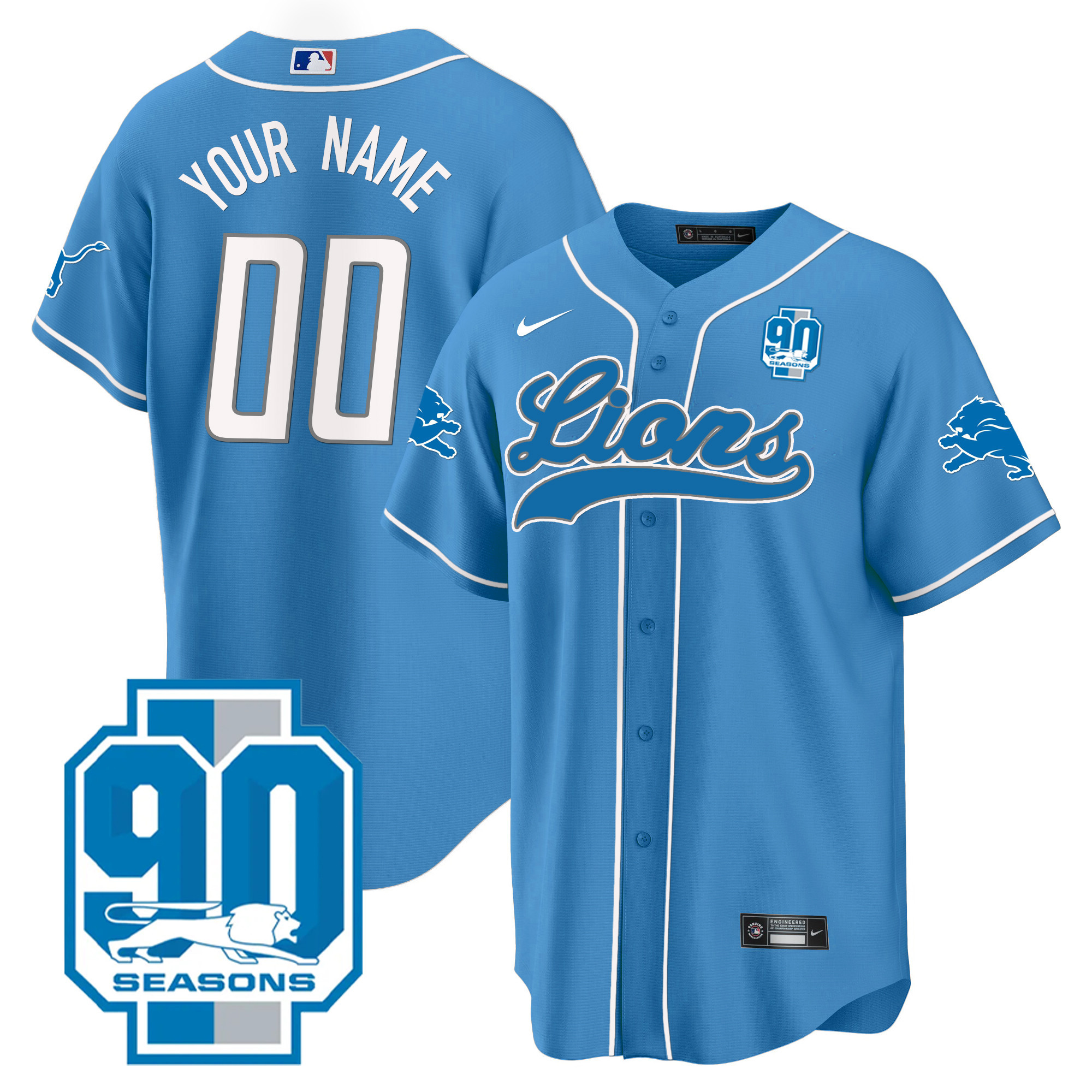 Detroit Lions 90th Year Patch Baseball Custom Jersey - All Stitched - Image 3