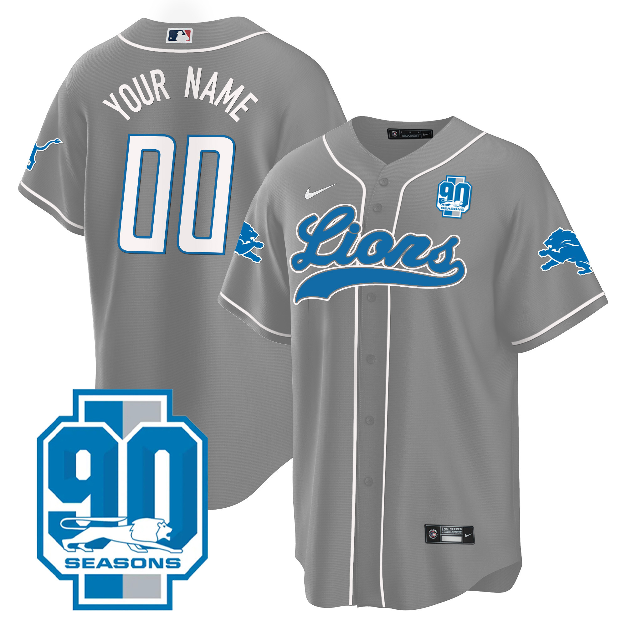 Detroit Lions 90th Year Patch Baseball Custom Jersey - All Stitched - Image 5