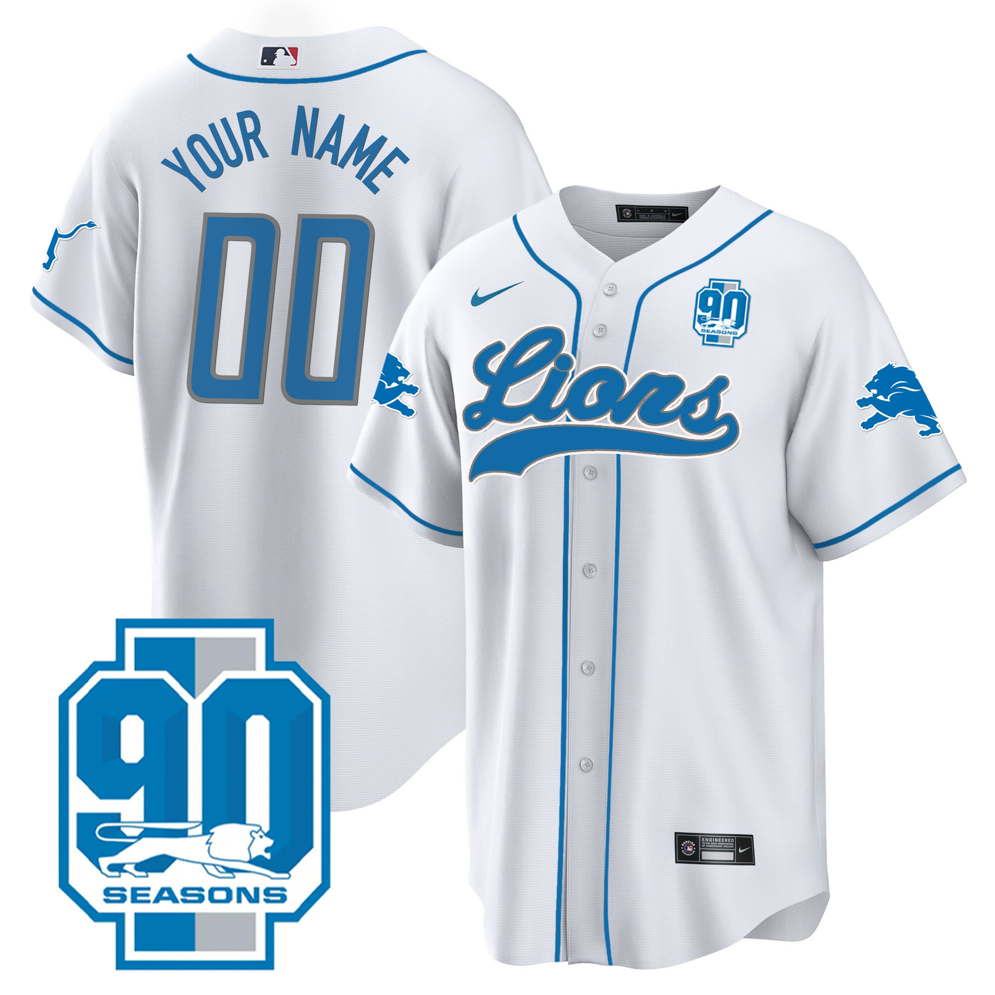 Detroit Lions 90th Year Patch Baseball Custom Jersey - All Stitched - Image 4