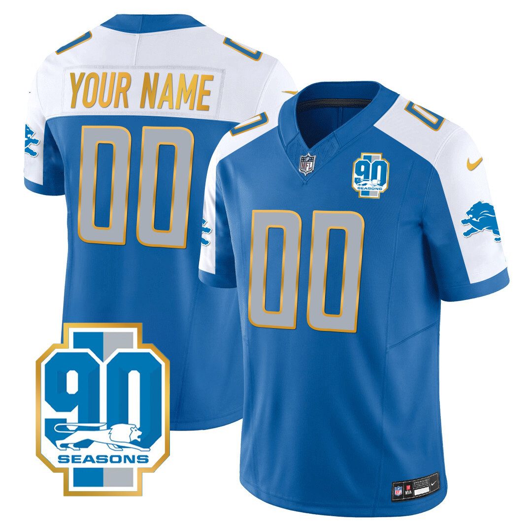 Detroit Lions 90th Year Patch Gold Trim Custom Jersey - All Stitched - Image 2
