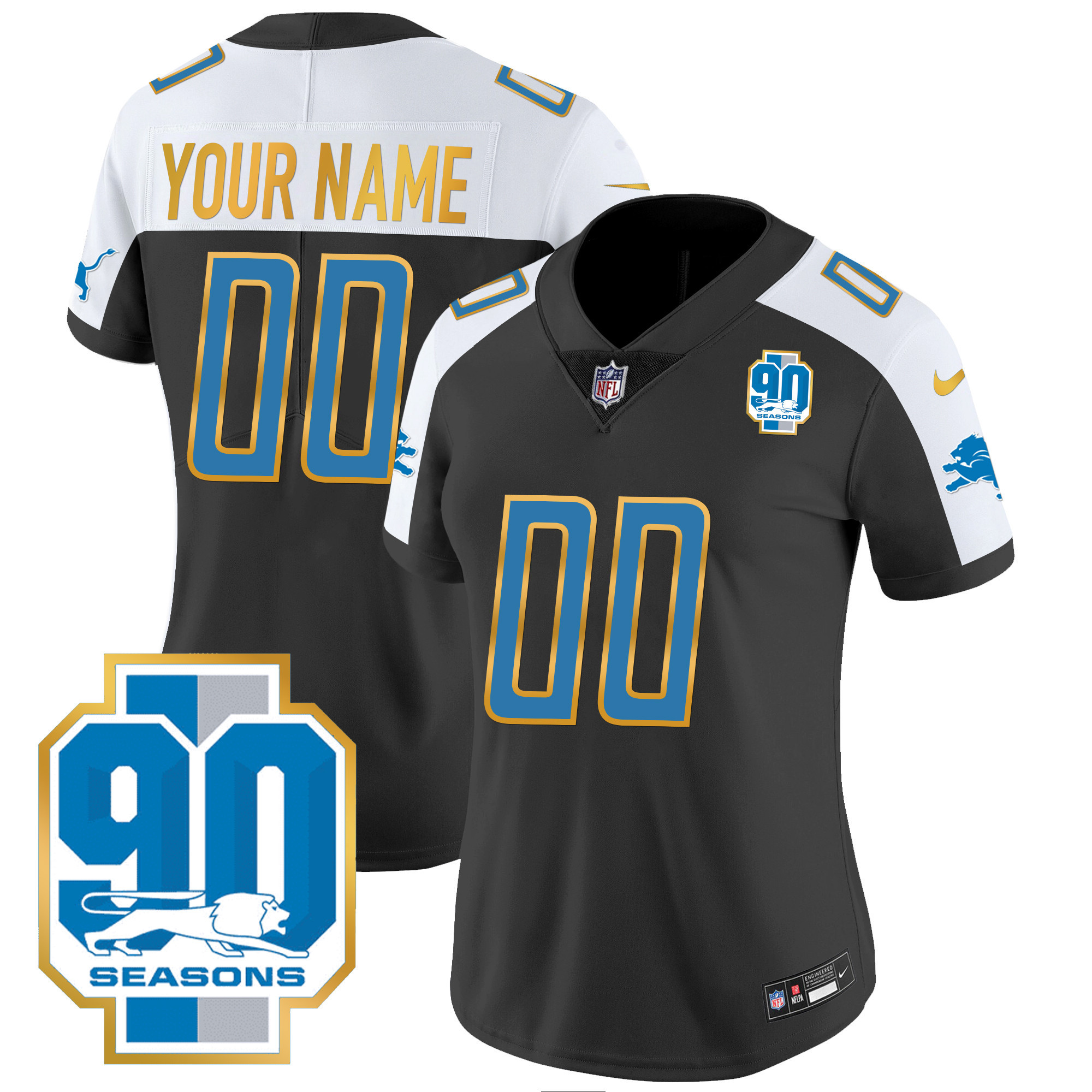 Detroit Lions 90th Year Patch Gold Trim Custom Jersey - All Stitched - Image 6