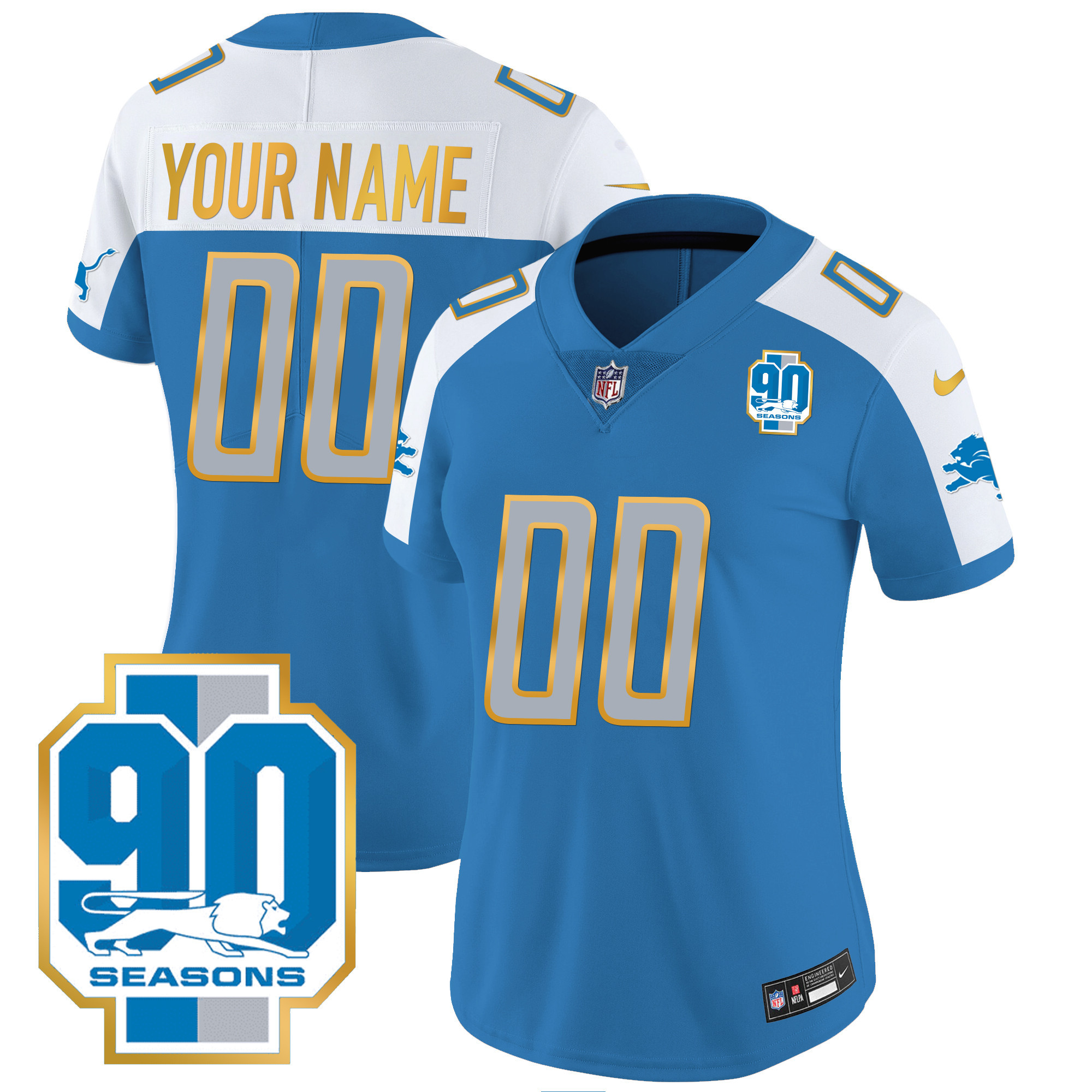 Detroit Lions 90th Year Patch Gold Trim Custom Jersey - All Stitched - Image 7