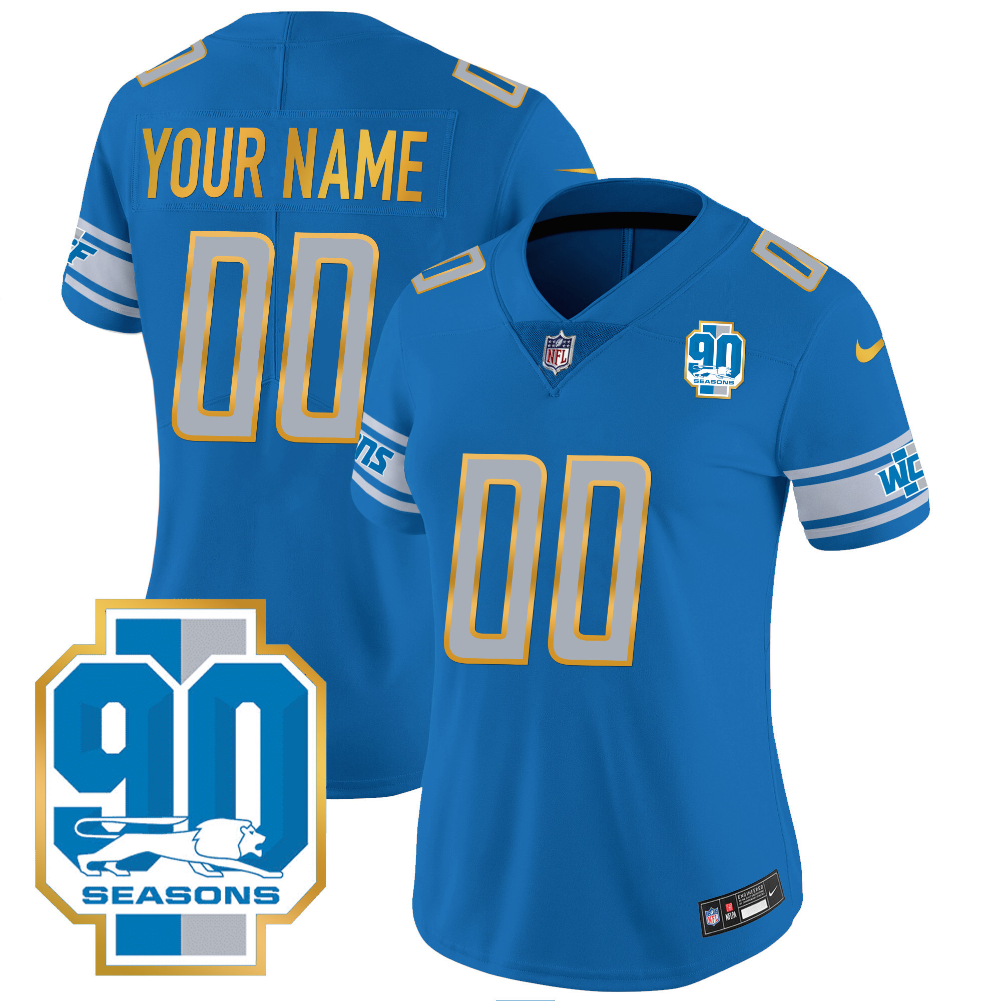 Detroit Lions 90th Year Patch Gold Trim Custom Jersey - All Stitched - Image 8