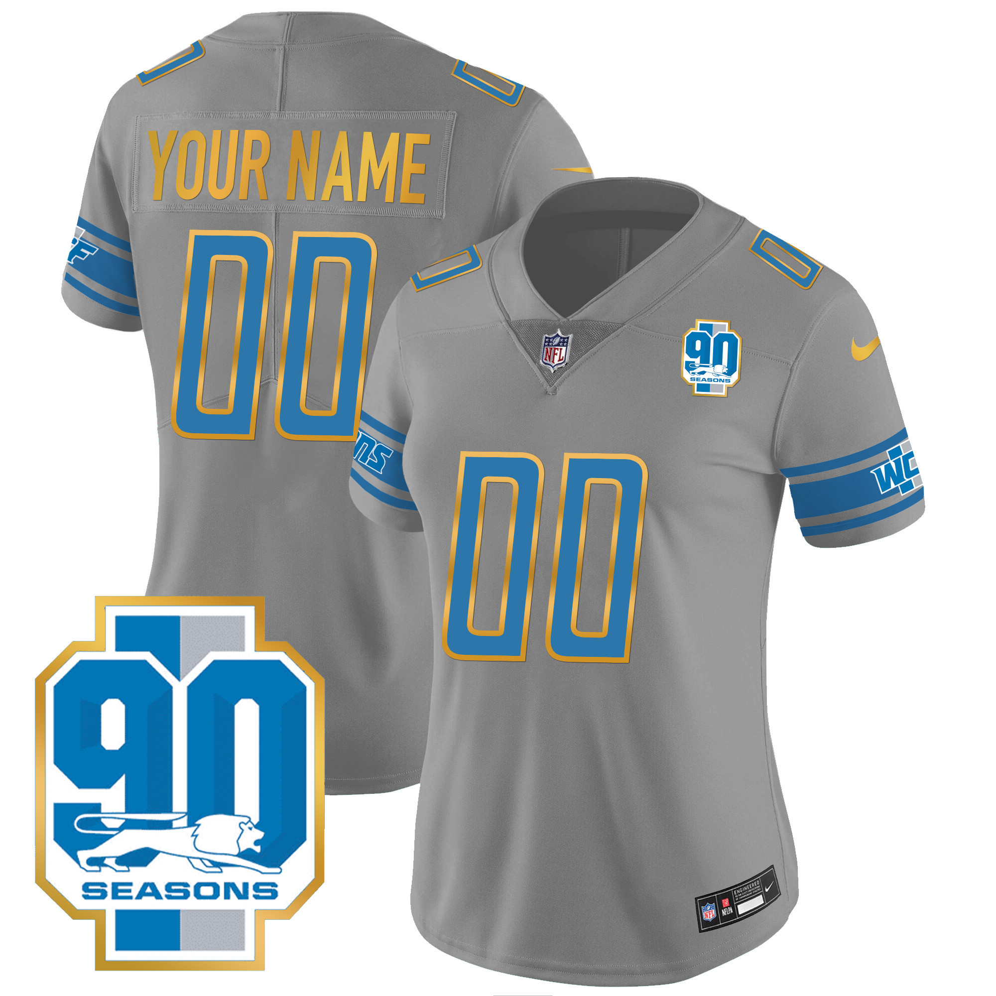 Detroit Lions 90th Year Patch Gold Trim Custom Jersey - All Stitched - Image 10