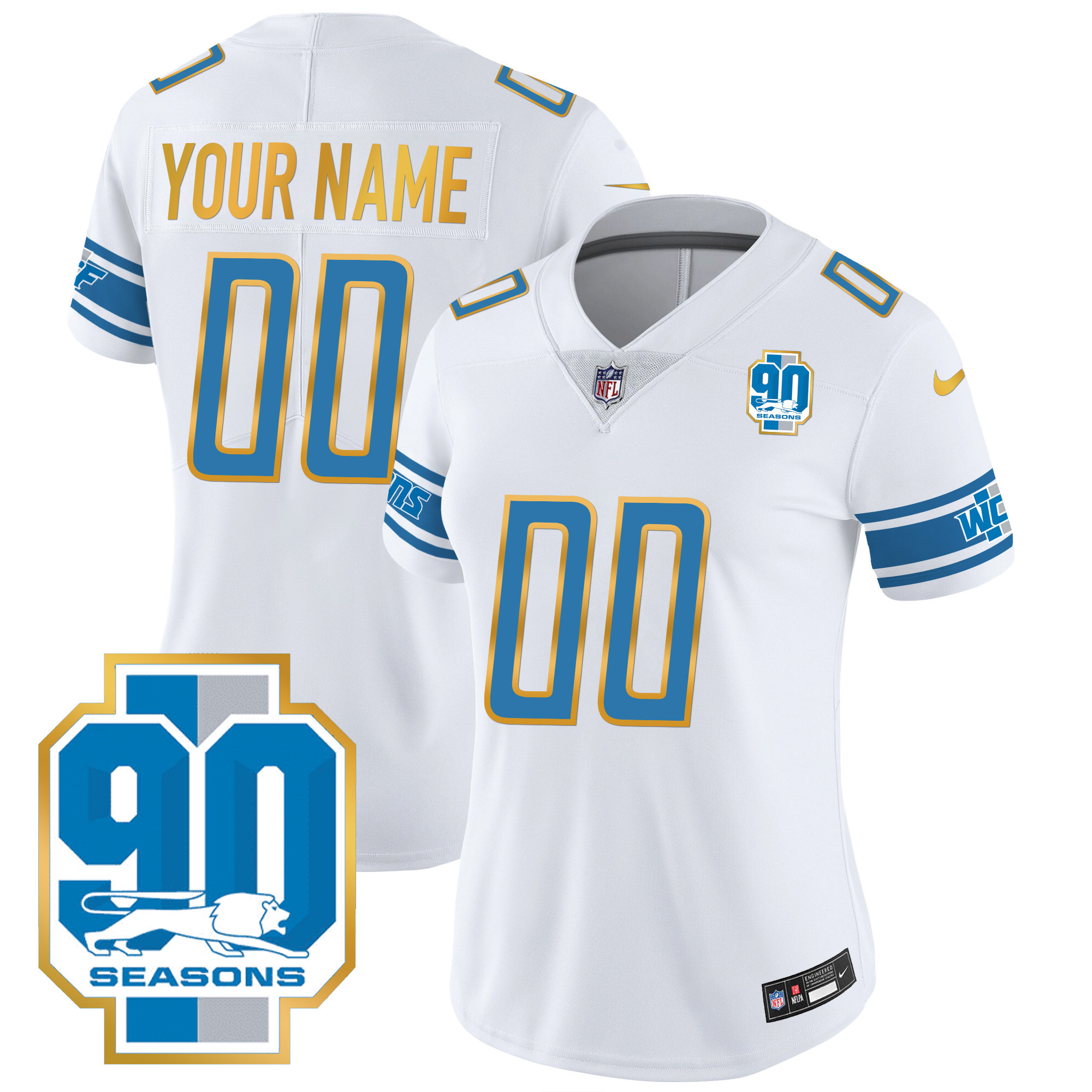 Detroit Lions 90th Year Patch Gold Trim Custom Jersey - All Stitched - Image 9
