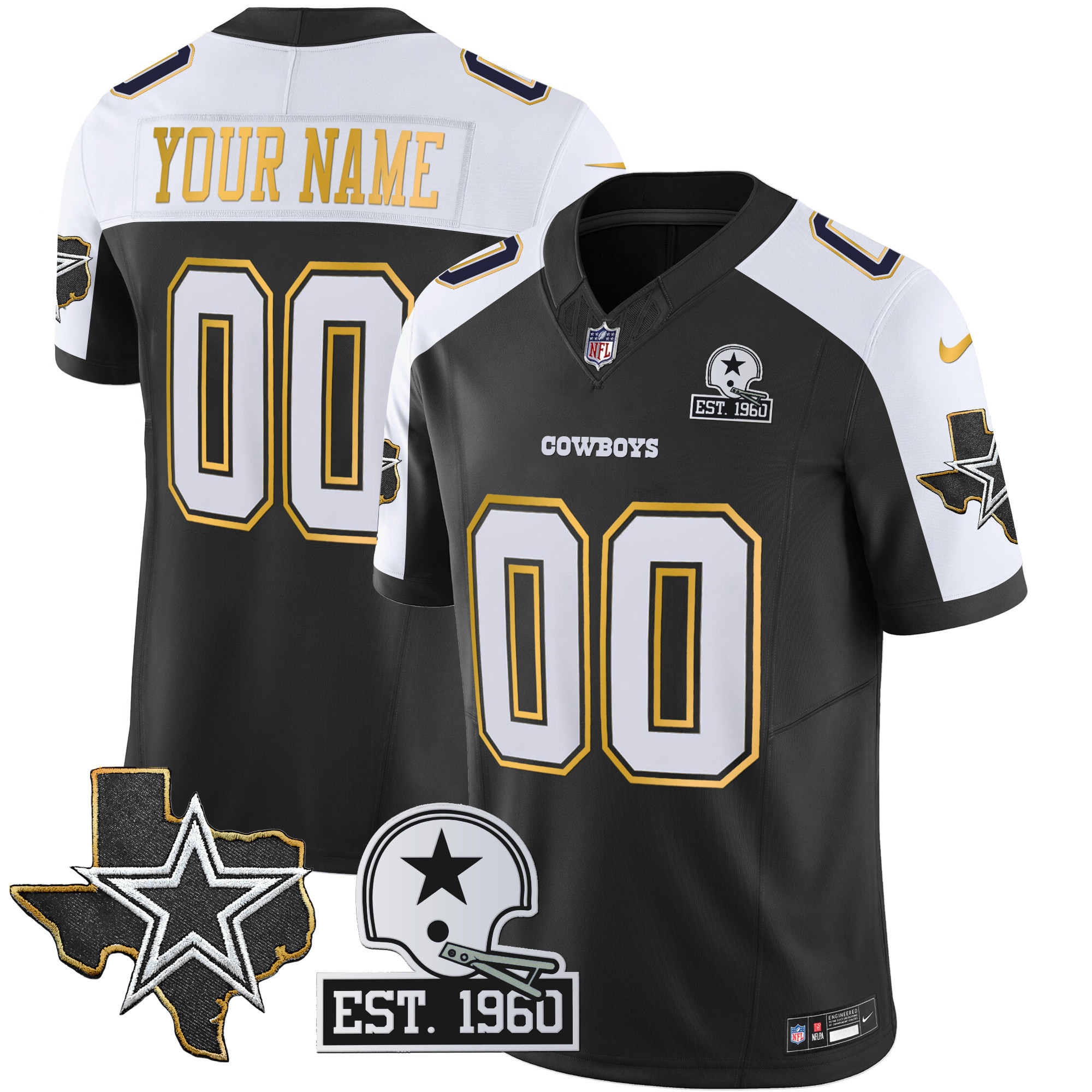 Cowboys Texas Patch Gold Trim Vapor Custom Jersey - All Stitched - Image 2