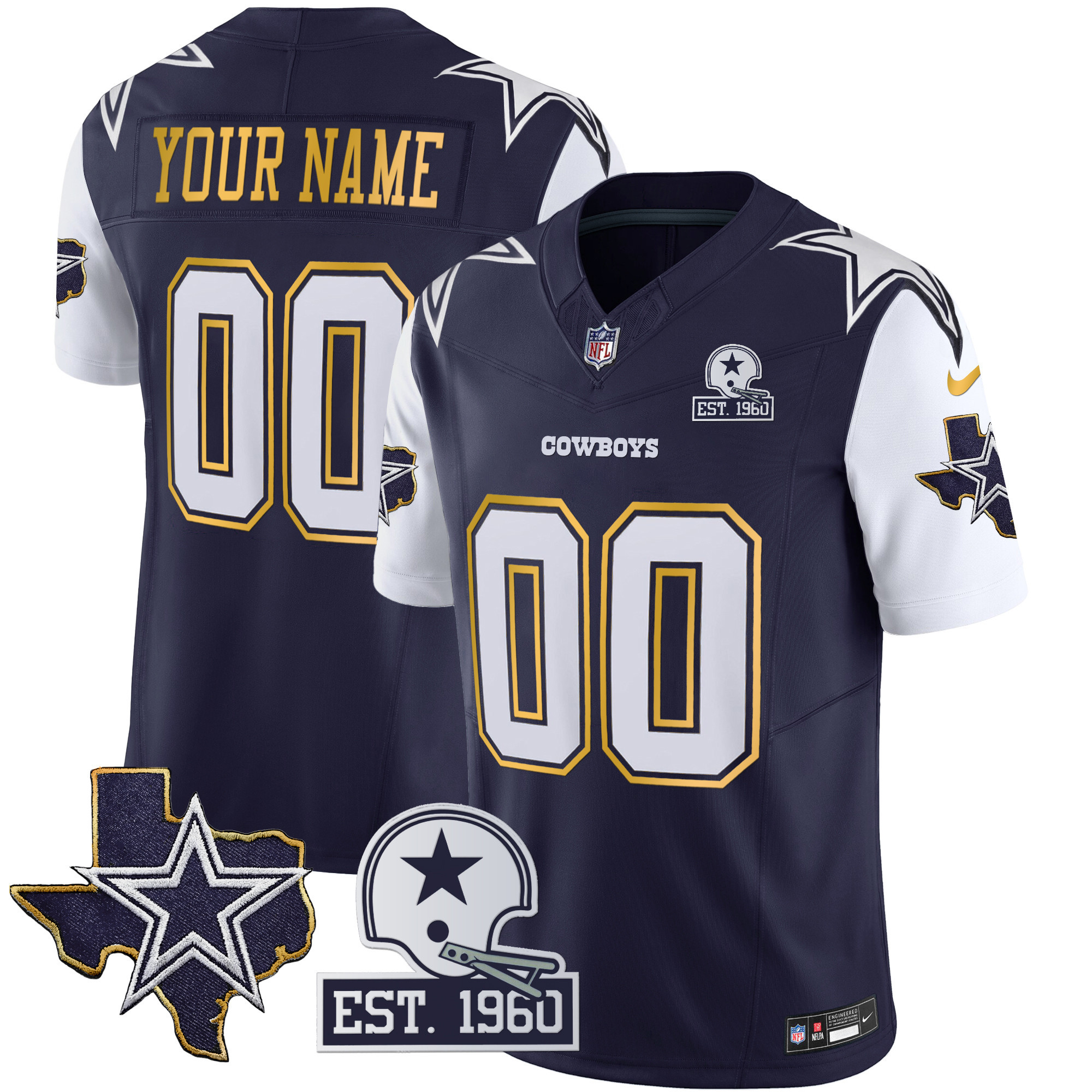 Cowboys Texas Patch Gold Trim Vapor Custom Jersey - All Stitched - Image 4