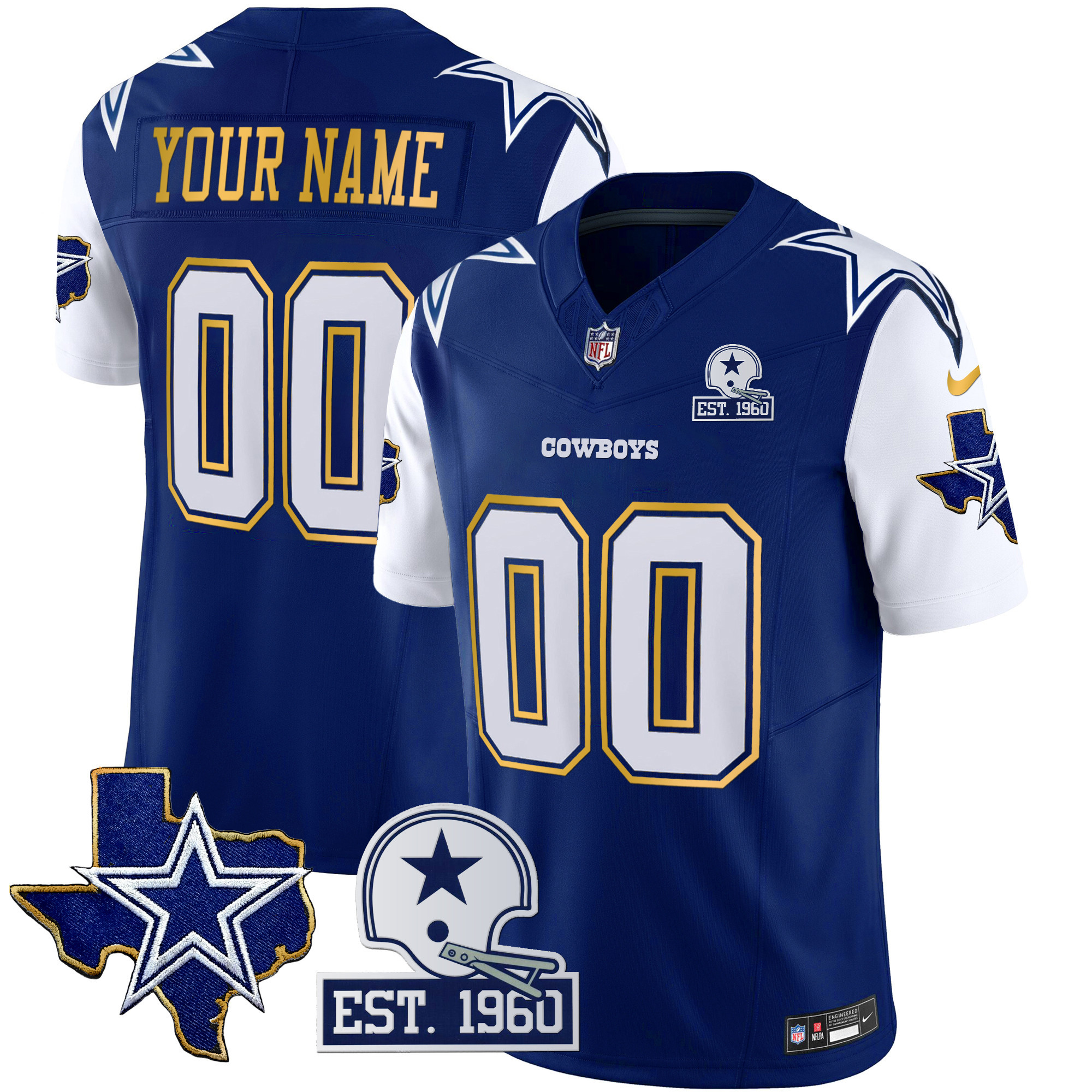 Cowboys Texas Patch Gold Trim Vapor Custom Jersey - All Stitched - Image 3