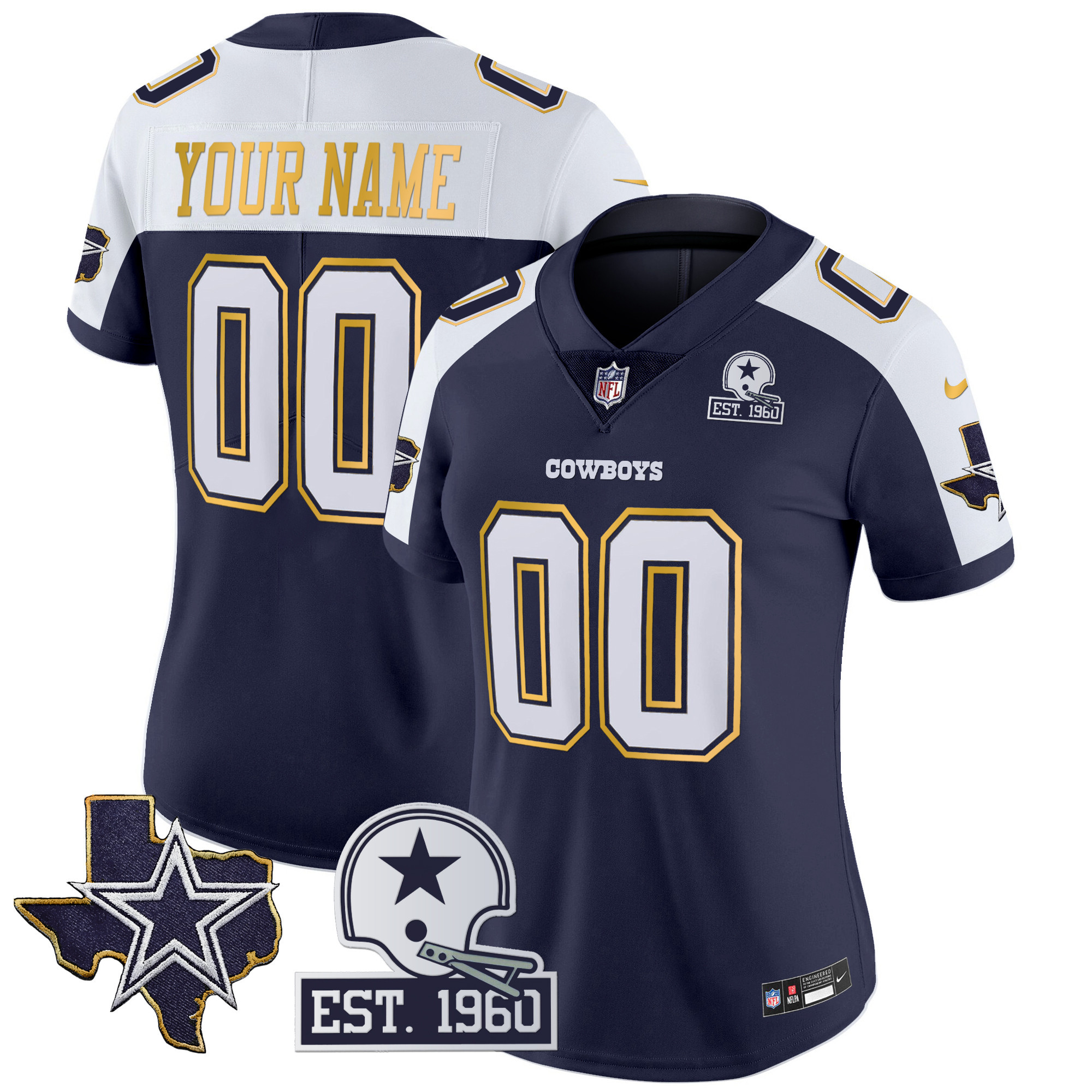 Cowboys Texas Patch Gold Trim Vapor Custom Jersey - All Stitched - Image 6