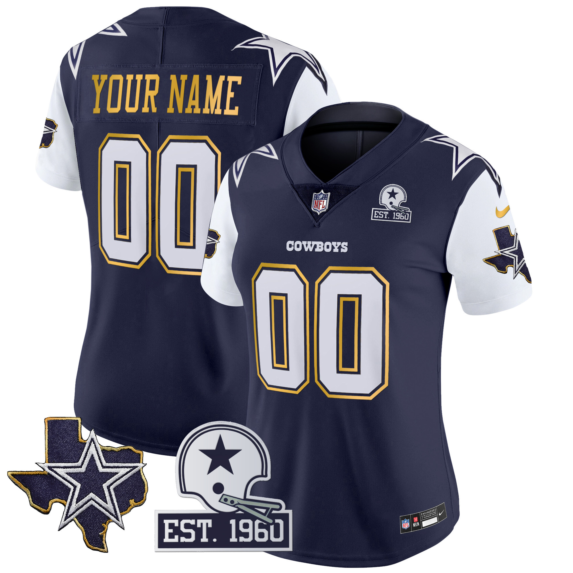 Cowboys Texas Patch Gold Trim Vapor Custom Jersey - All Stitched - Image 9