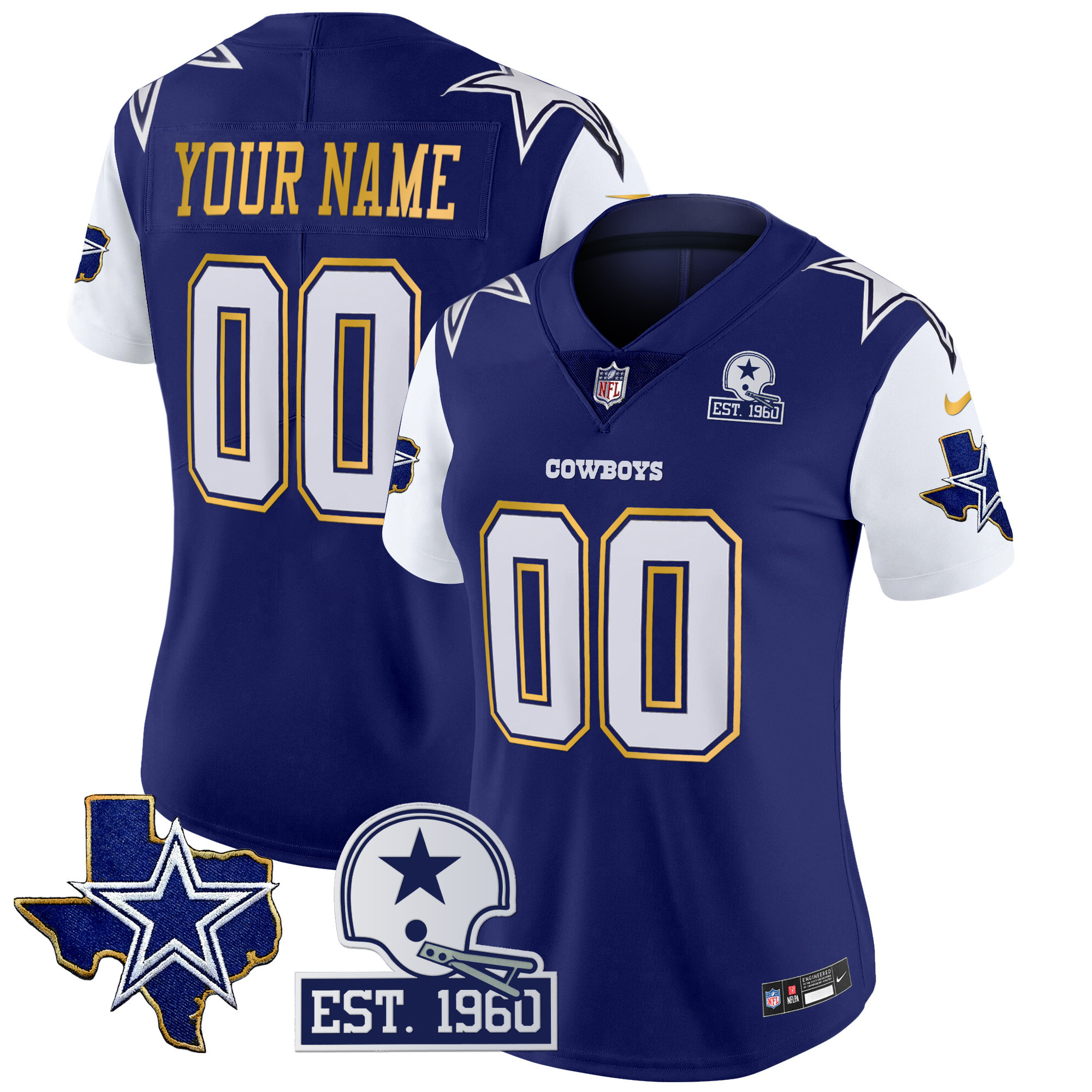 Cowboys Texas Patch Gold Trim Vapor Custom Jersey - All Stitched - Image 8