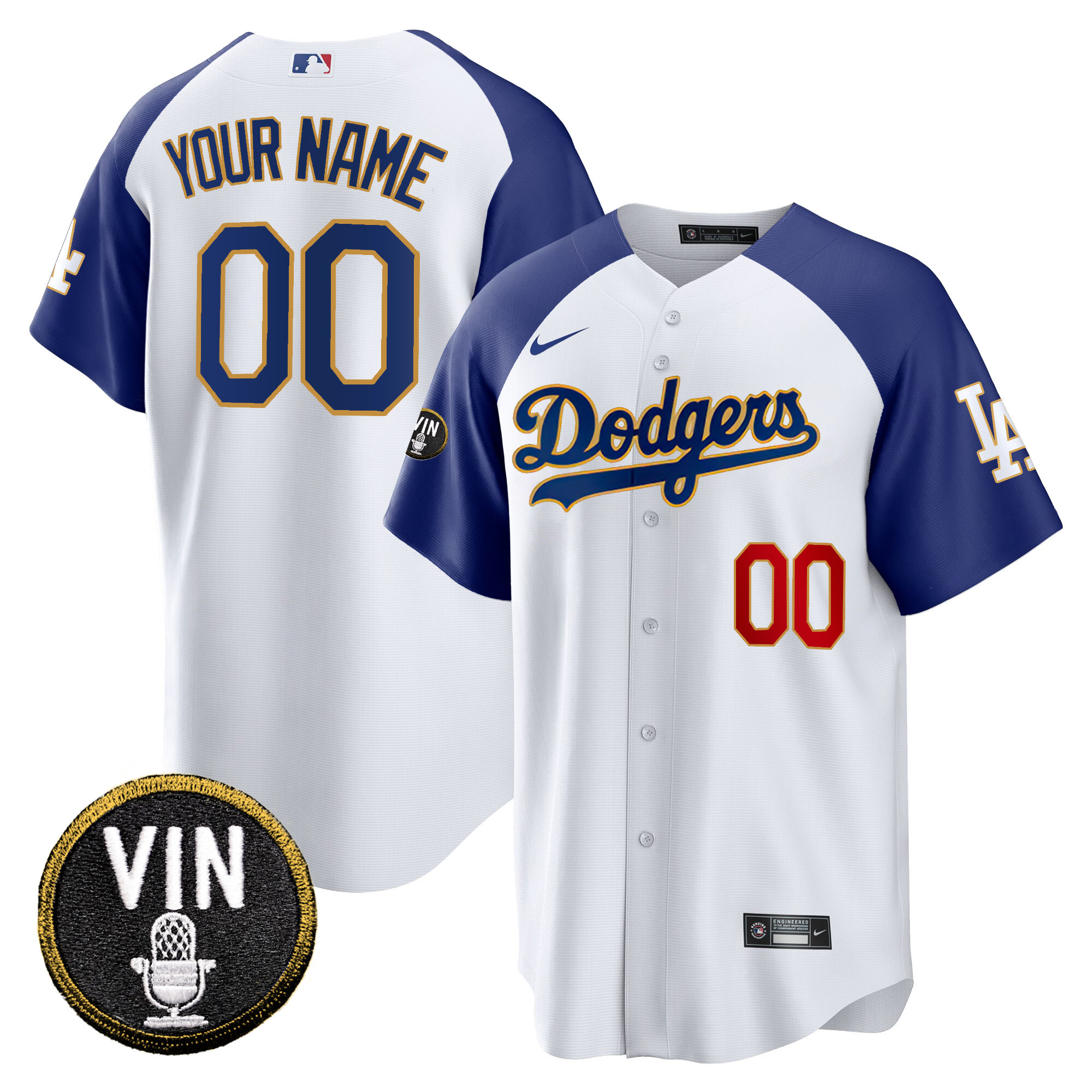 Dodgers Vin Scully Patch Cool Base Gold Trim Custom Jersey V2 - All Stitched