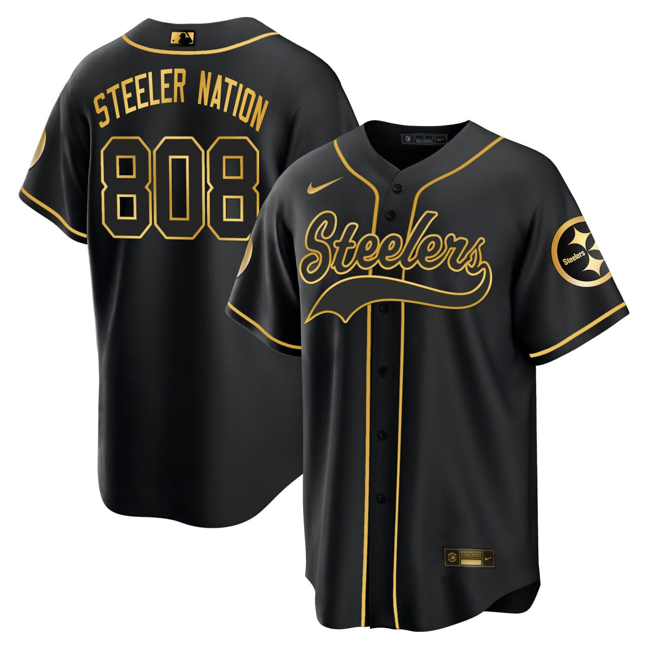 Steeler Nation #808 Pittsburgh Steelers Baseball Black Gold Jersey - All Stitched
