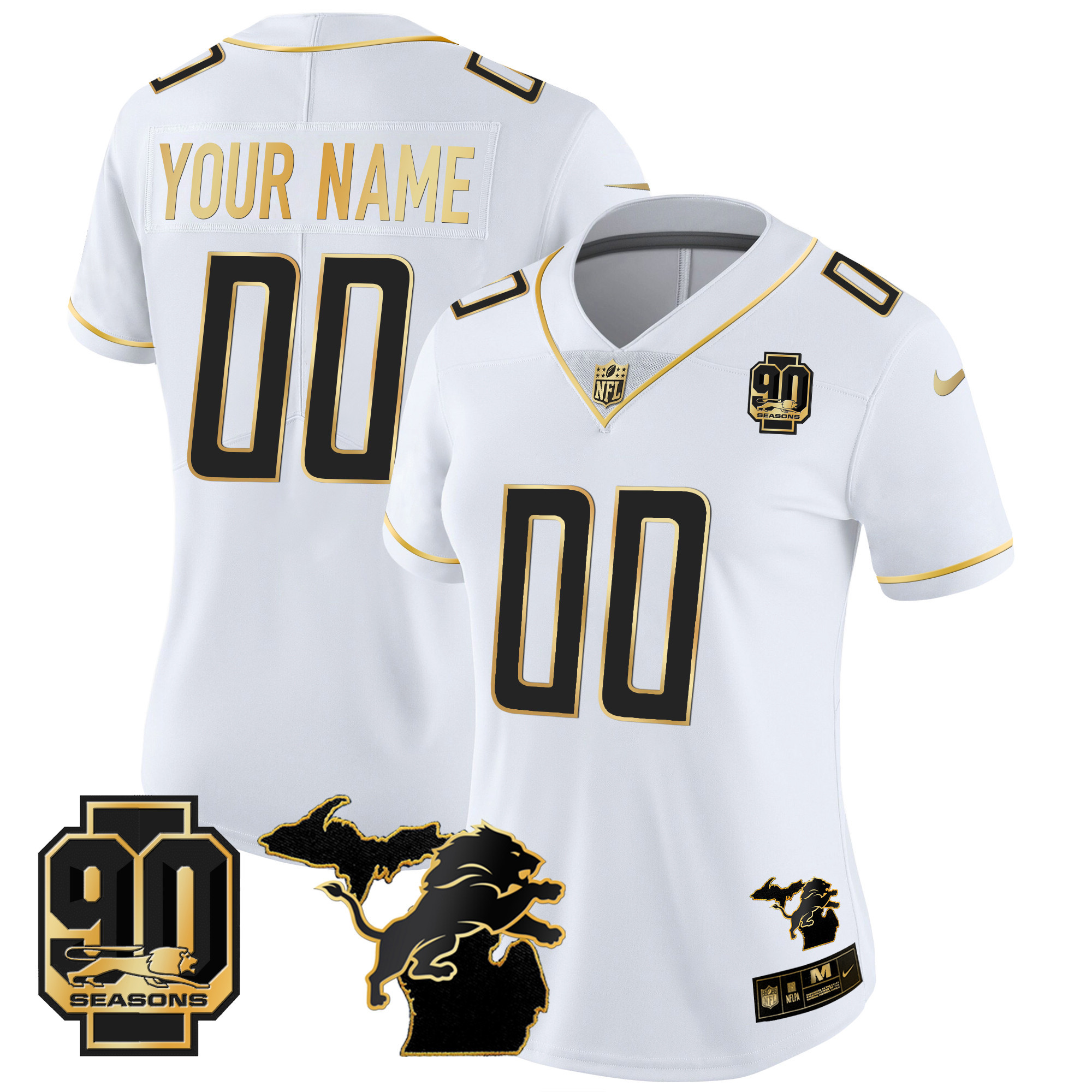 Detroit Lions 90th Year & Michigan Patch Gold Vapor Custom Jersey - All Stitched - Image 8