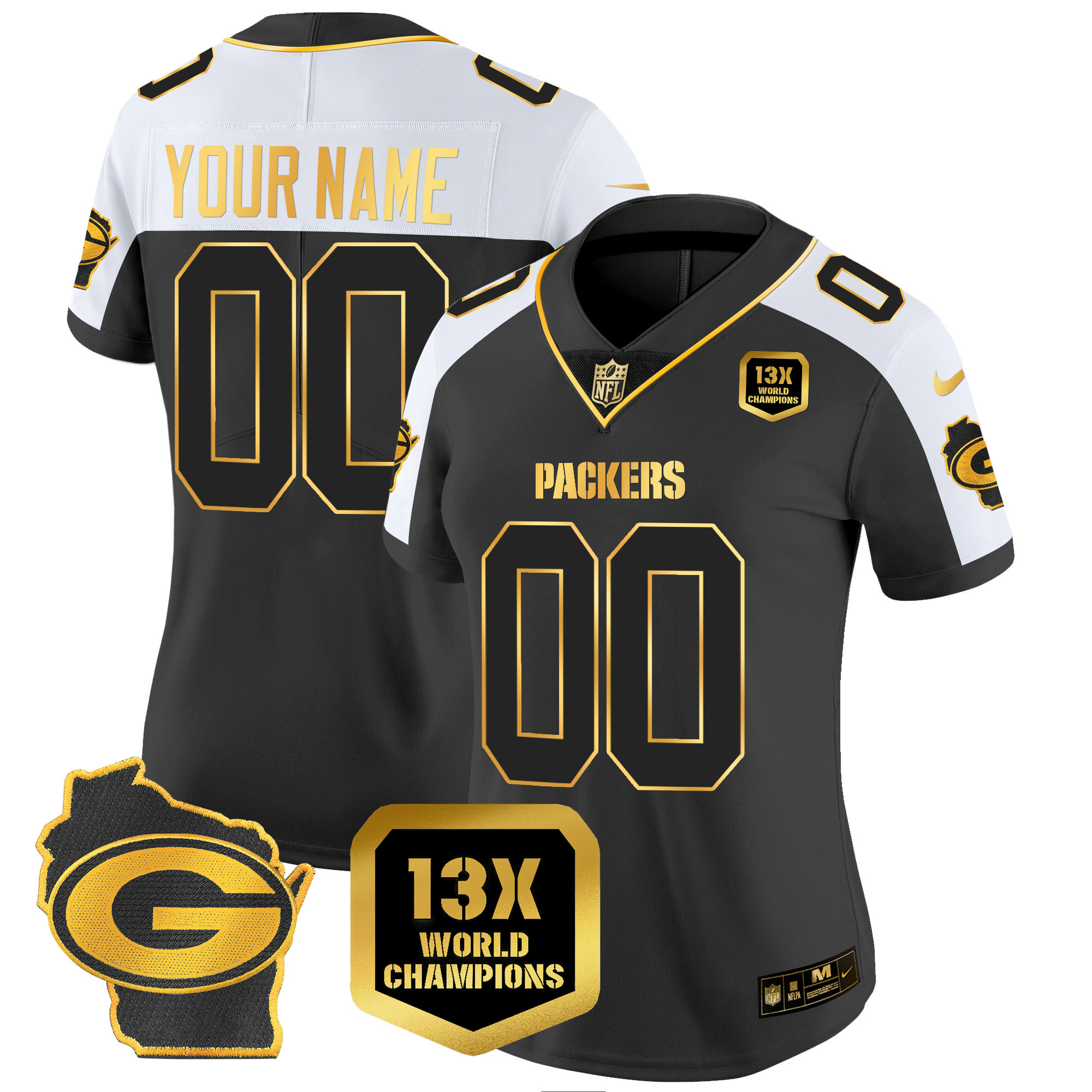 Packers 13 Time World Champions & Home Patch Gold Vapor Custom Jersey – All Stitched - Image 5