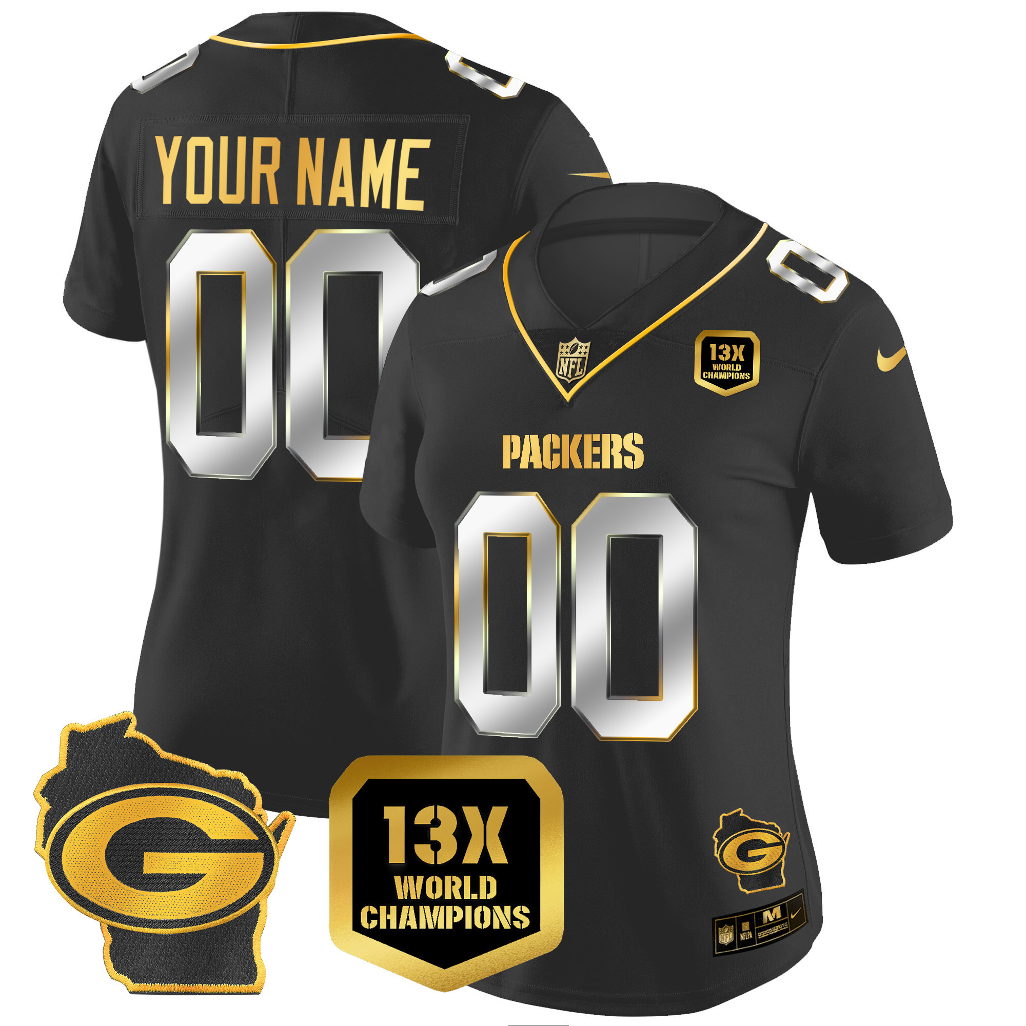 Packers 13 Time World Champions & Home Patch Gold Vapor Custom Jersey – All Stitched - Image 6