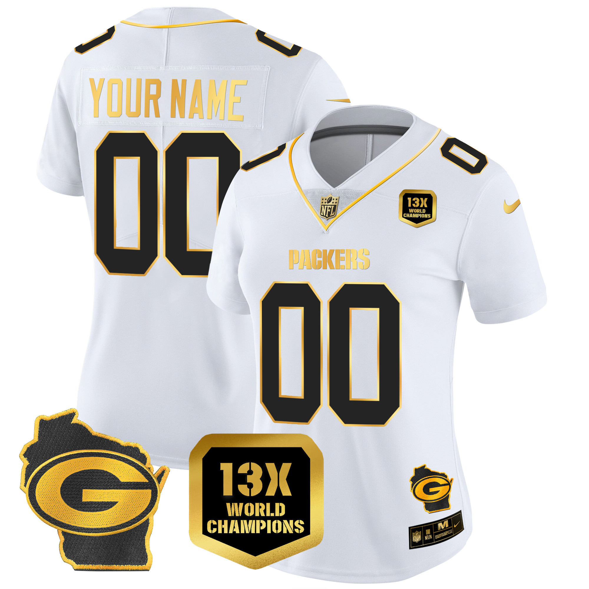 Packers 13 Time World Champions & Home Patch Gold Vapor Custom Jersey – All Stitched - Image 8